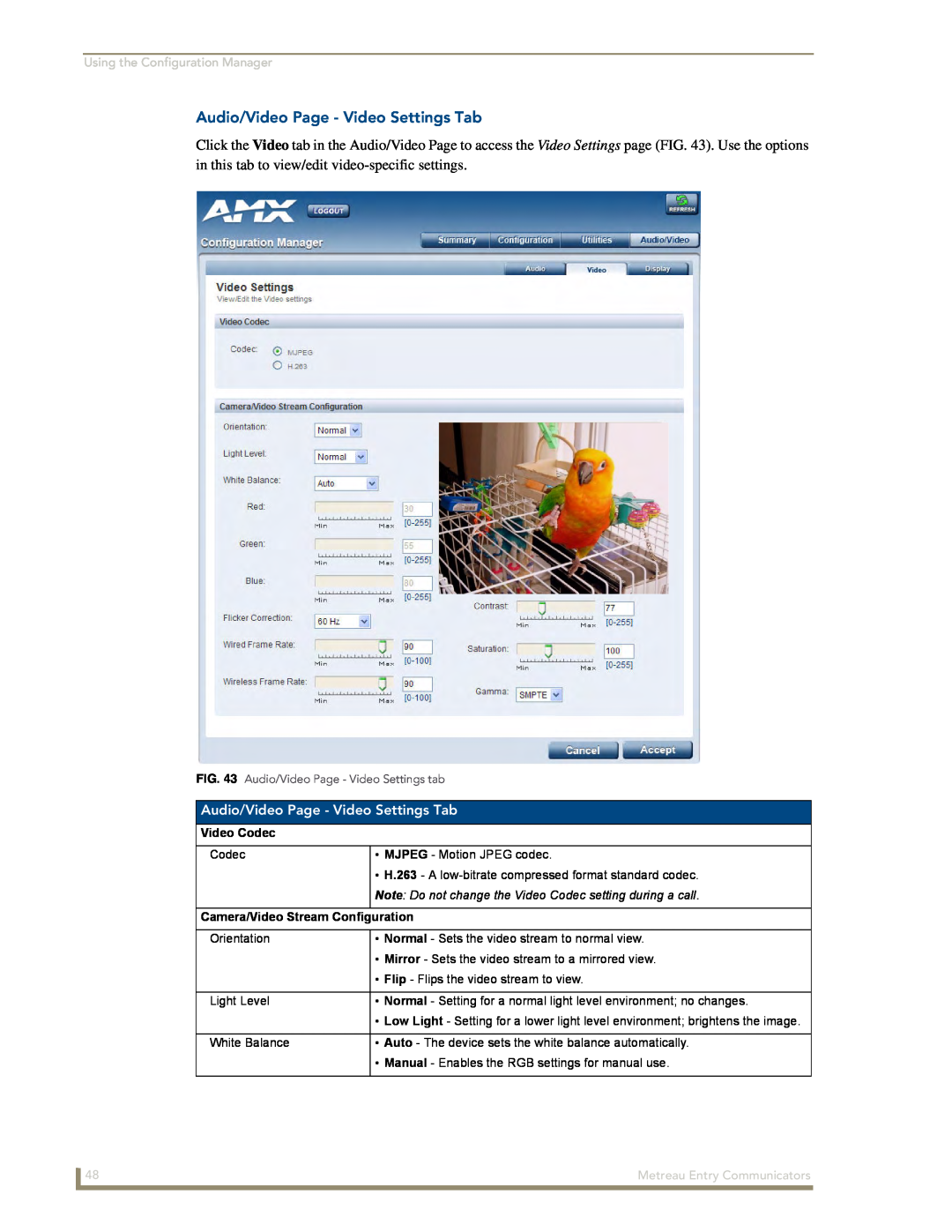 AMX MET-ECOM-D manual Audio/Video Page - Video Settings Tab, Using the Configuration Manager, Metreau Entry Communicators 