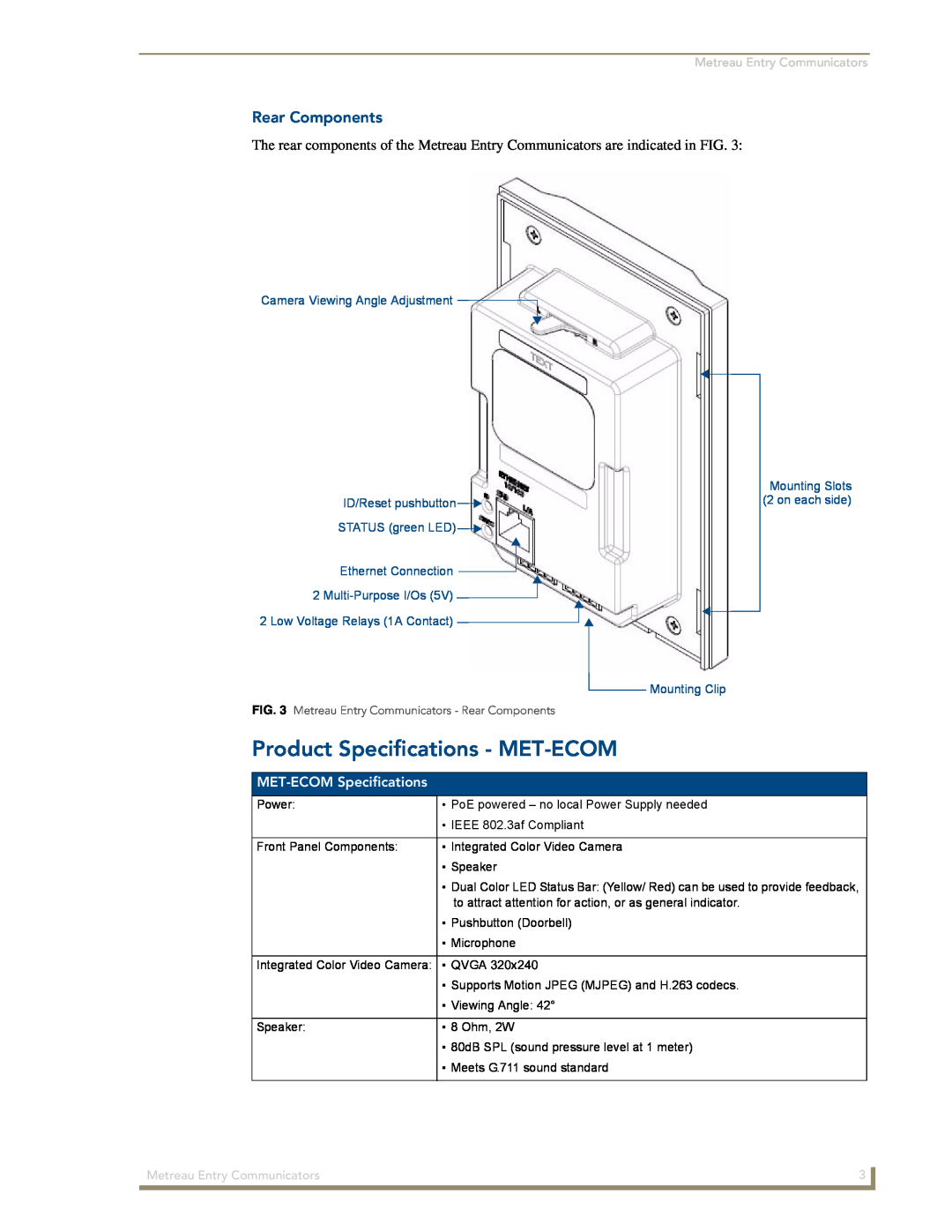AMX MET-ECOM-D Product Specifications - MET-ECOM, Rear Components, MET-ECOMSpecifications, Metreau Entry Communicators 