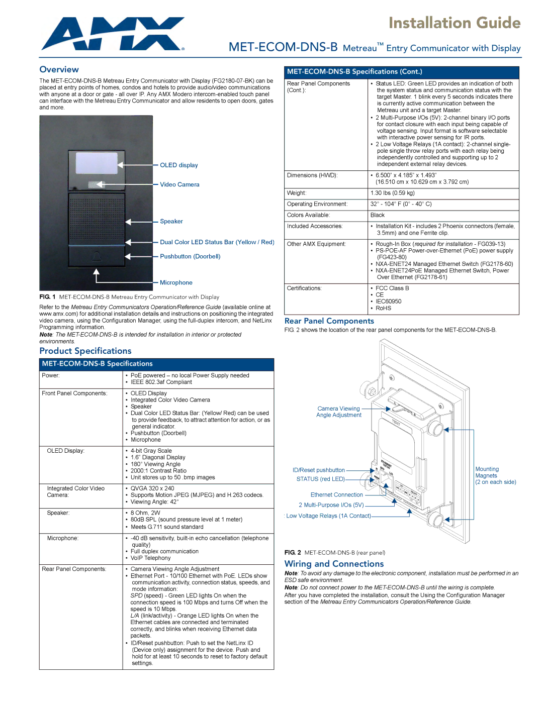 AMX MET-ECOM-DNS-B specifications Product Specifications, Wiring and Connections, Rear Panel Components 