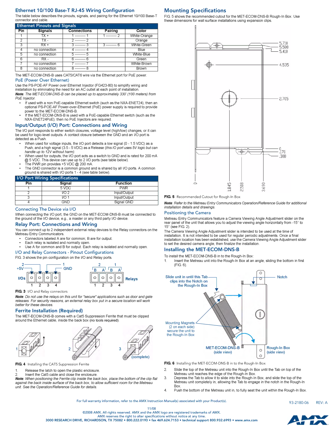 AMX MET-ECOM-DNS-B specifications Mounting Specifications 