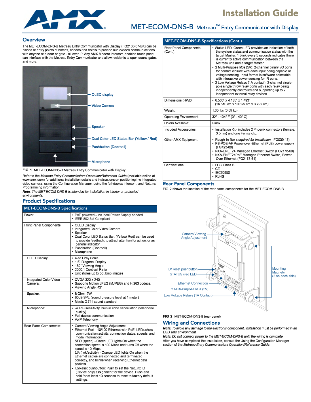 AMX MET-ECOM-DNS-B specifications Overview, Product Specifications, Wiring and Connections, Rear Panel Components 