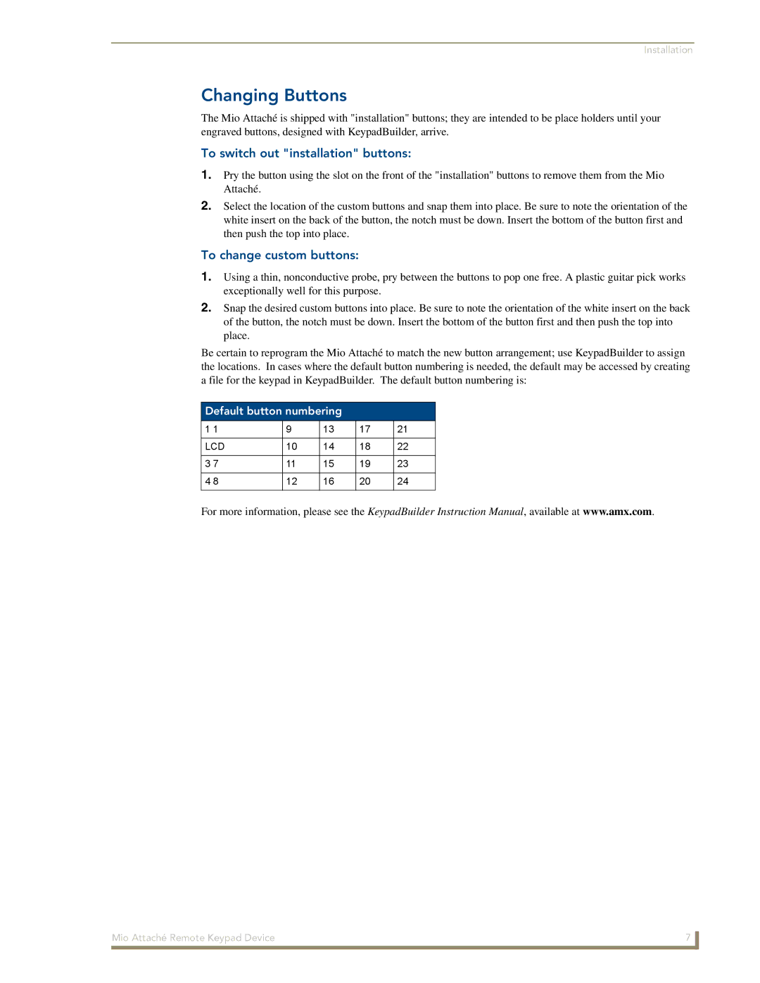 AMX Mio Attach manual Changing Buttons, Default button numbering 