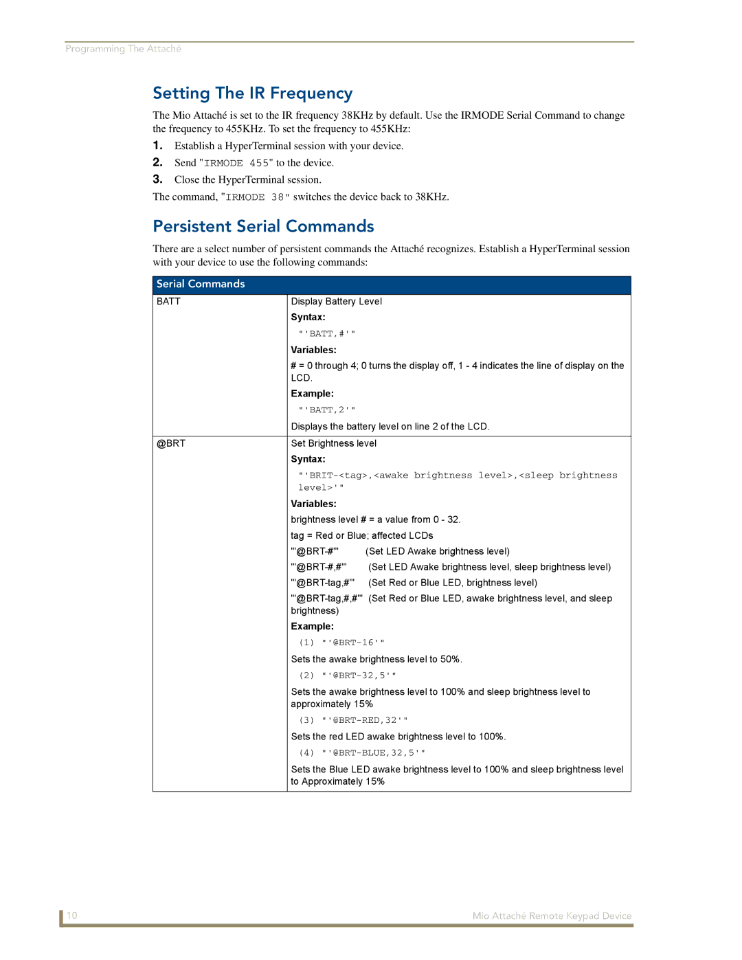 AMX Mio Attach manual Setting The IR Frequency, Persistent Serial Commands 