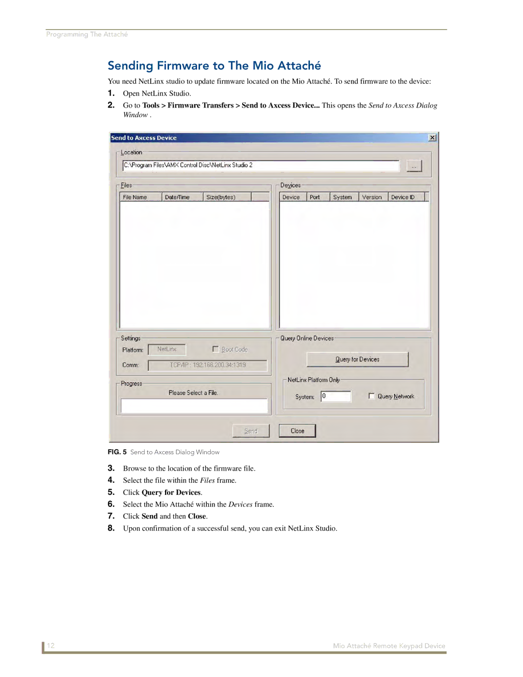 AMX manual Sending Firmware to The Mio Attaché, Click Query for Devices 