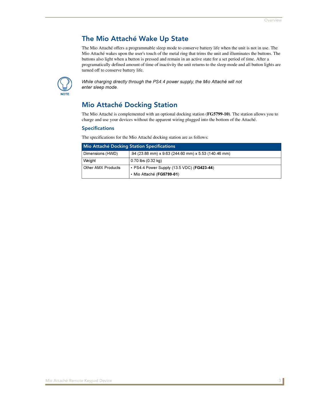 AMX manual Mio Attaché Wake Up State, Mio Attaché Docking Station Specifications 