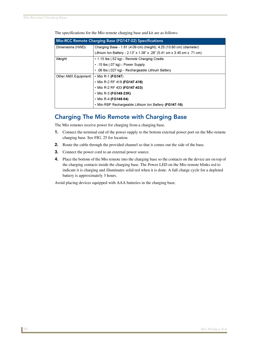 AMX Mio Modero R-4 manual Charging The Mio Remote with Charging Base, Mio-RCC Remote Charging Base FG147-02 Specifications 