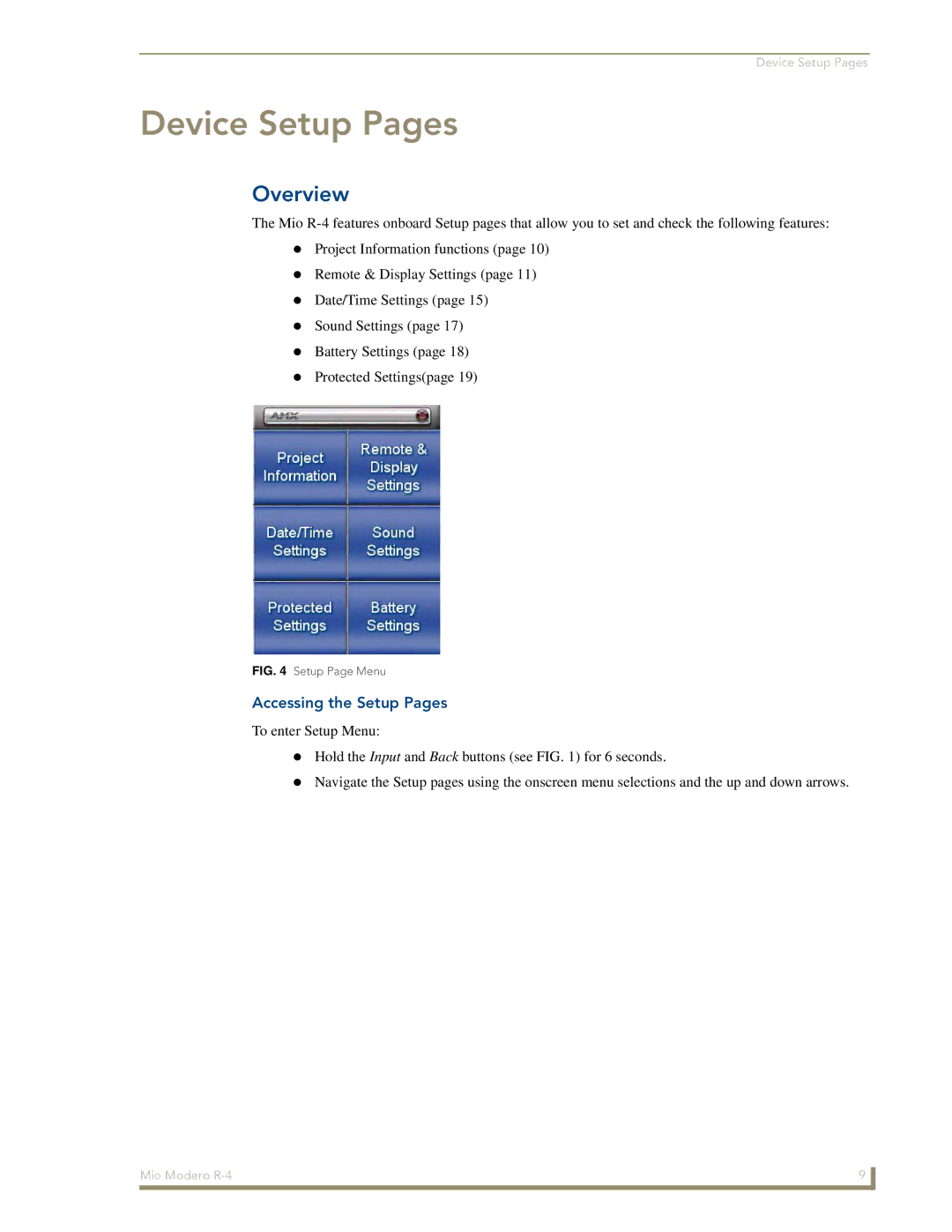 AMX Mio Modero R-4 manual Device Setup Pages, Accessing the Setup Pages 