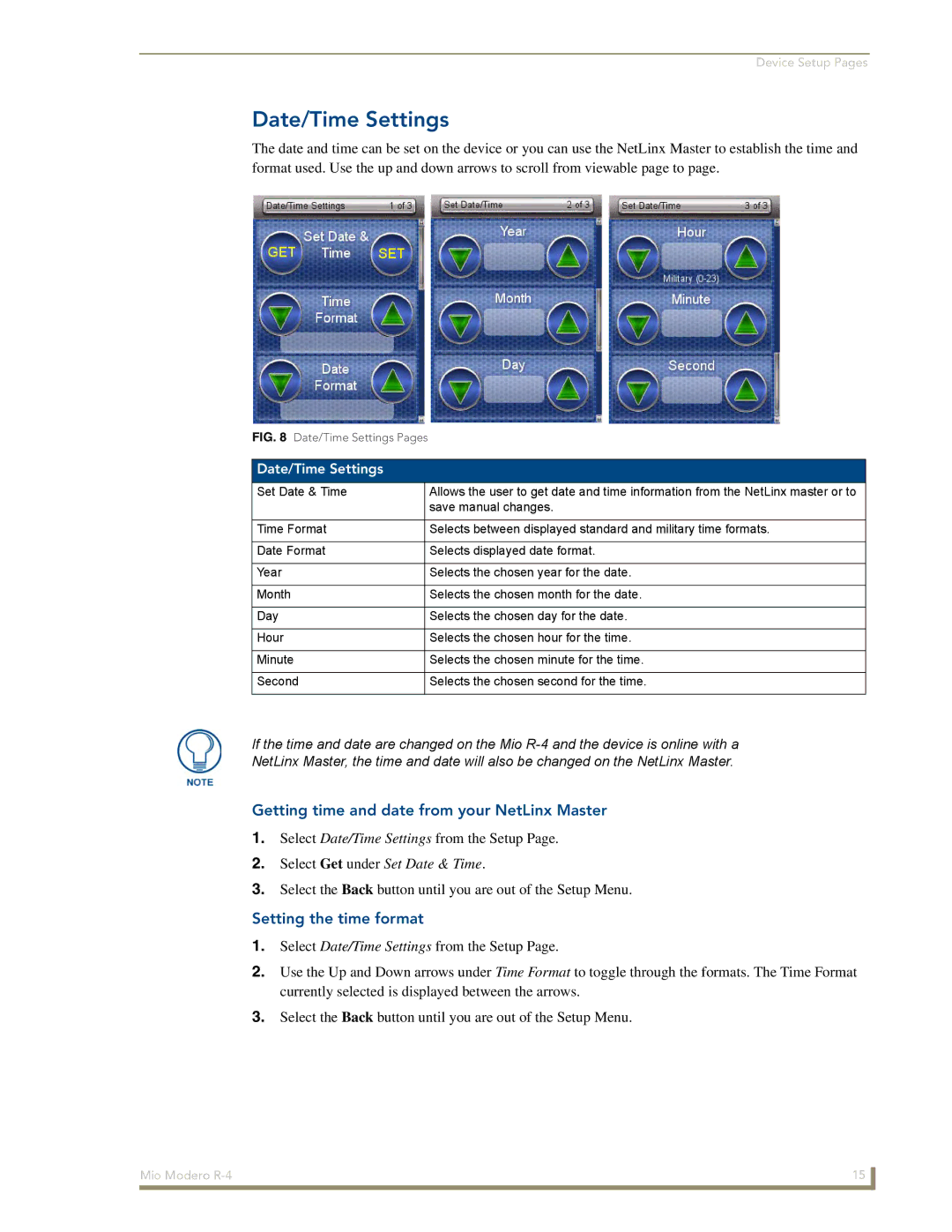 AMX Mio Modero R-4 manual Date/Time Settings, Getting time and date from your NetLinx Master, Setting the time format 