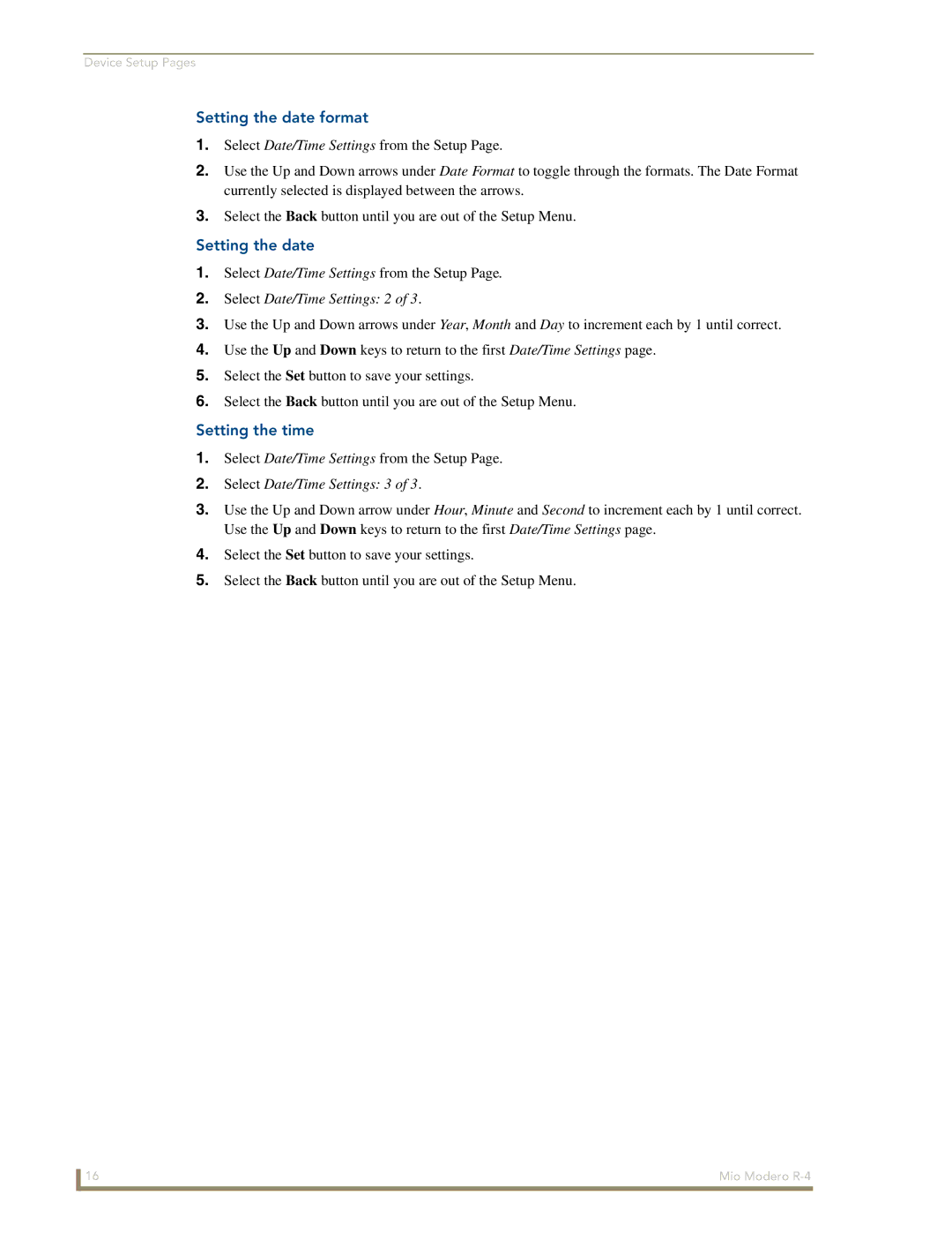 AMX Mio Modero R-4 manual Setting the date format, Setting the time 