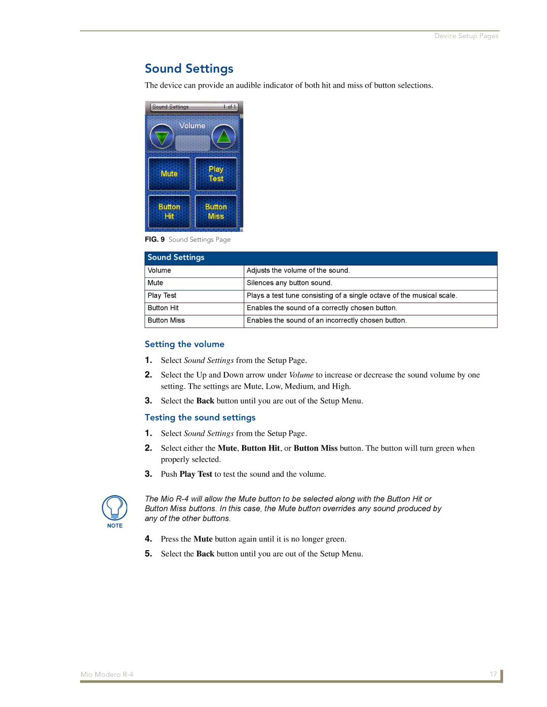 AMX Mio Modero R-4 manual Sound Settings, Setting the volume, Testing the sound settings 