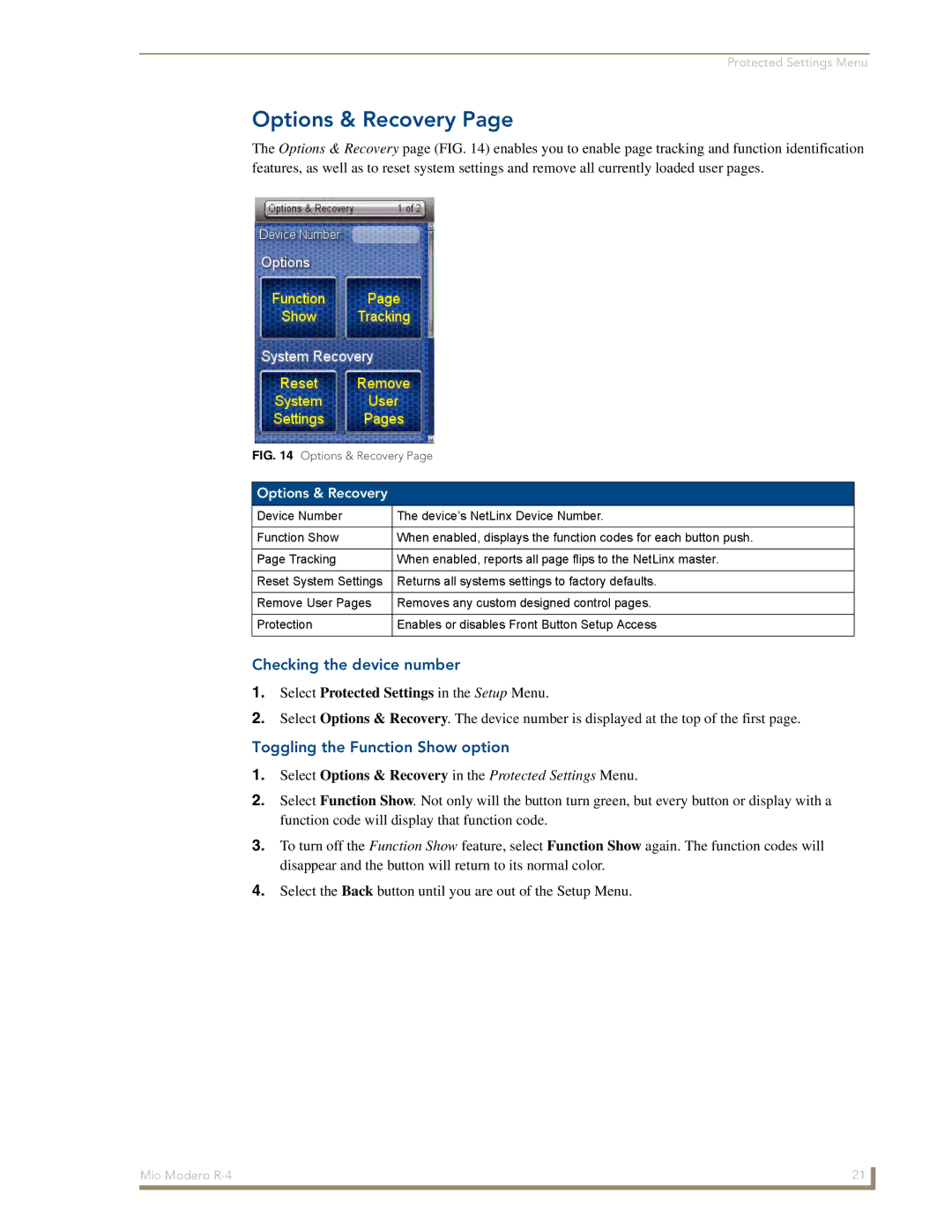 AMX Mio Modero R-4 manual Options & Recovery, Checking the device number, Toggling the Function Show option 