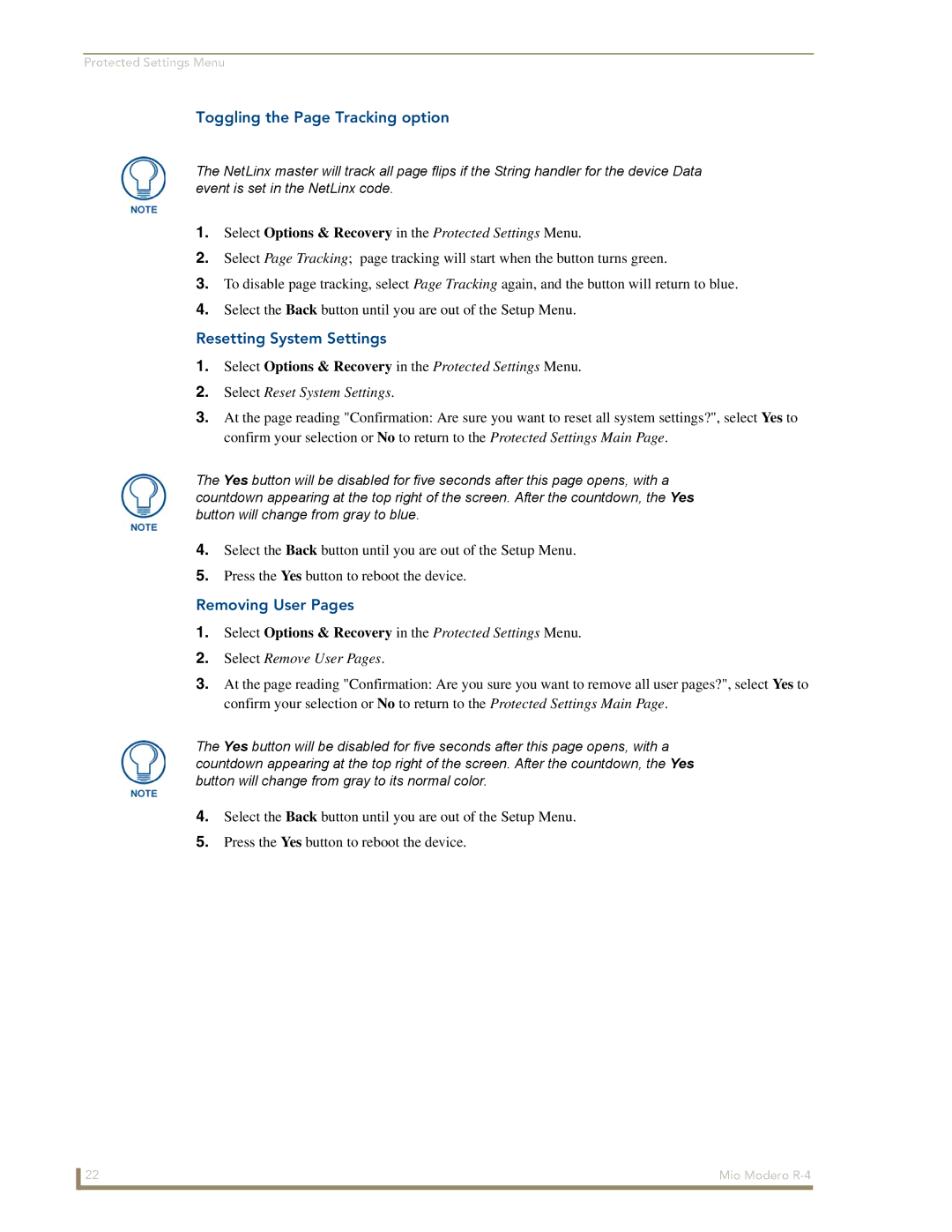 AMX Mio Modero R-4 manual Toggling the Page Tracking option, Resetting System Settings, Removing User Pages 