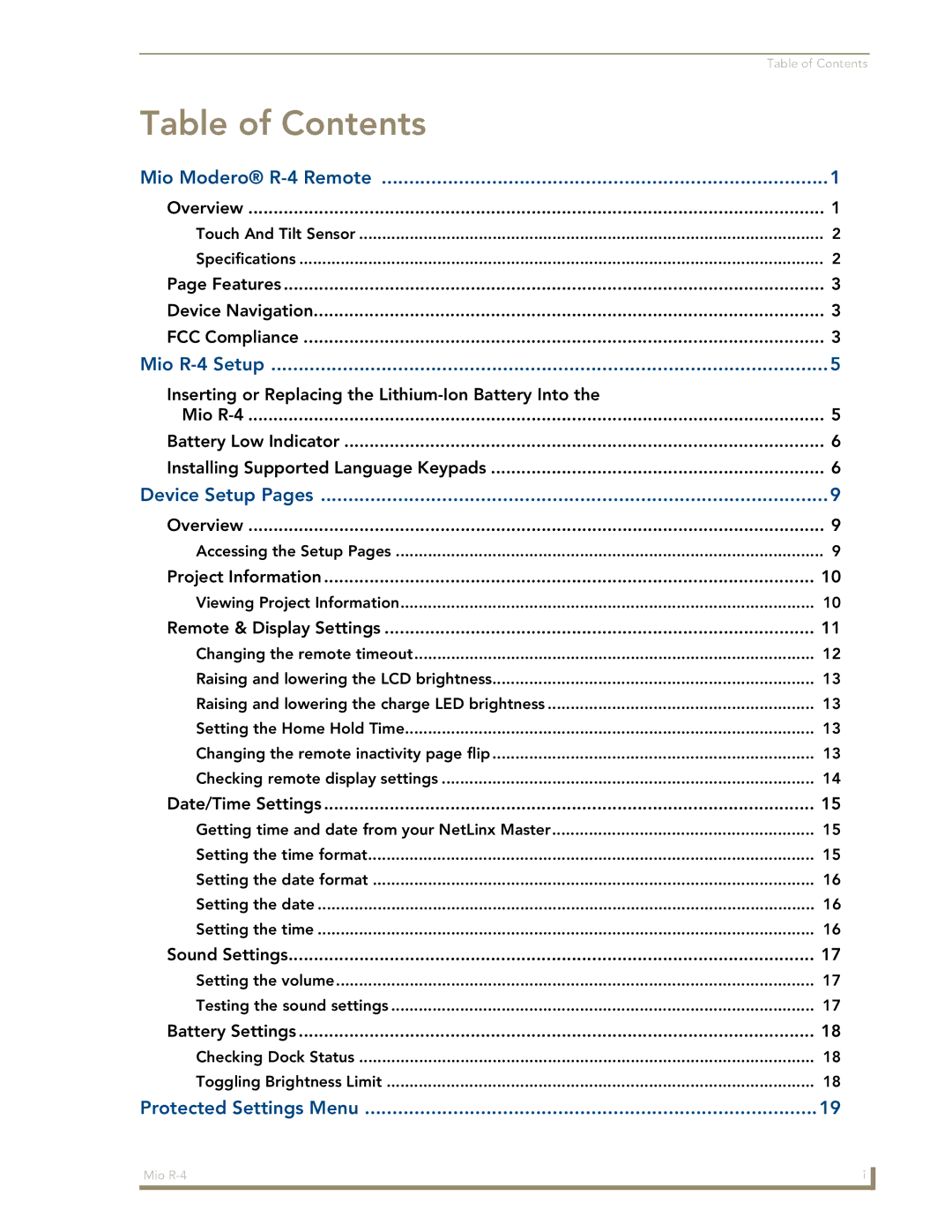 AMX Mio Modero R-4 manual Table of Contents 