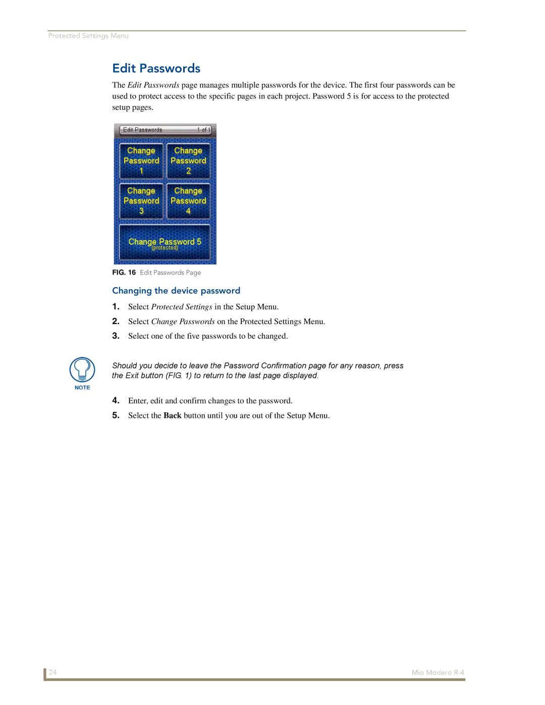 AMX Mio Modero R-4 manual Edit Passwords, Changing the device password 