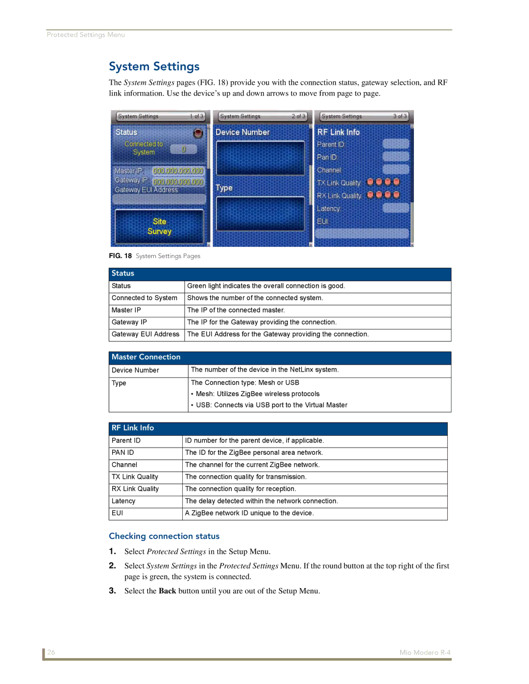 AMX Mio Modero R-4 manual System Settings, Checking connection status, Status, Master Connection, RF Link Info 