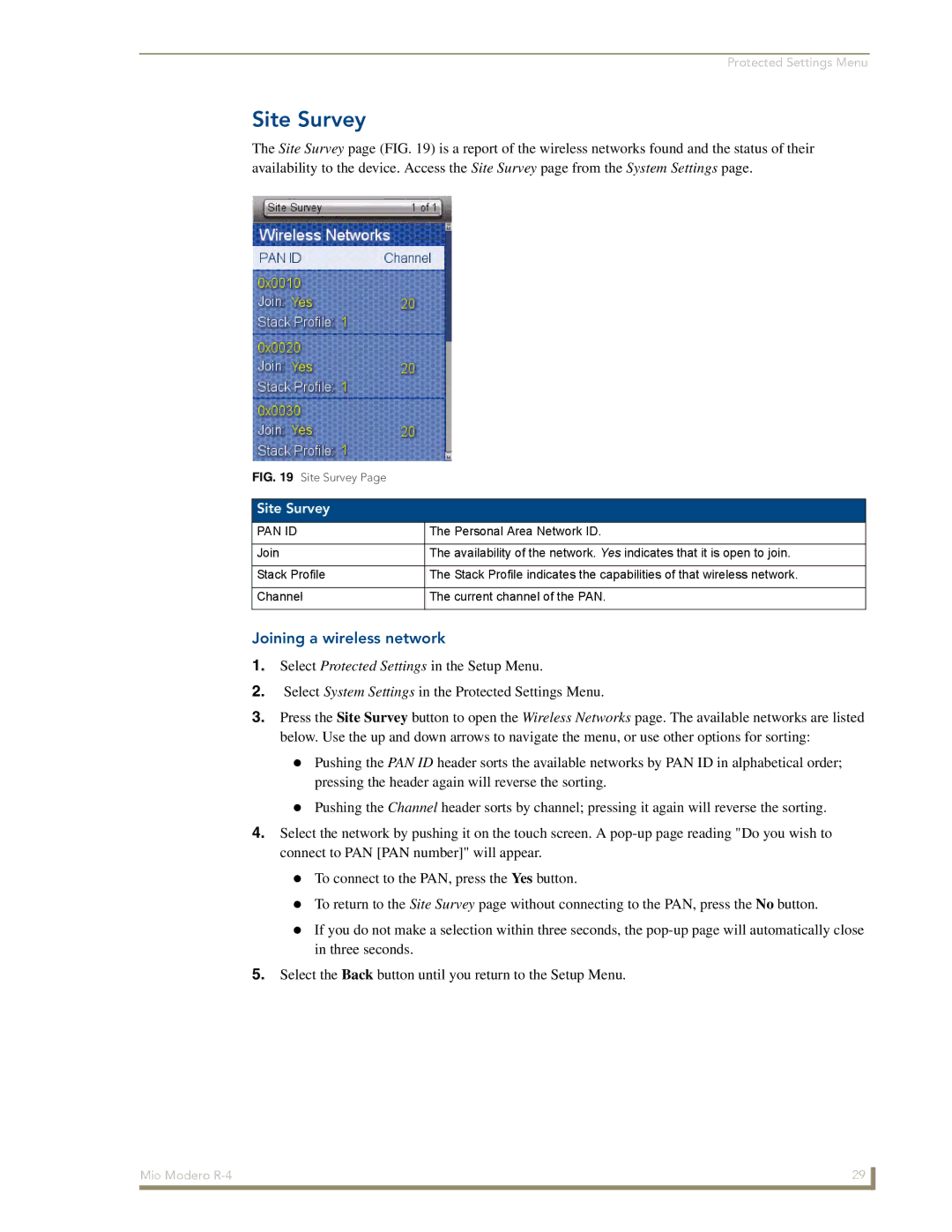 AMX Mio Modero R-4 manual Site Survey, Joining a wireless network 