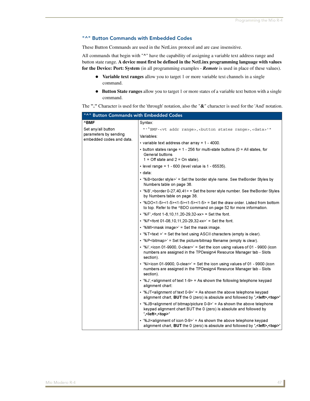 AMX Mio Modero R-4 manual Button Commands with Embedded Codes, Bmf, BMF-vt addr range,button states range,data 