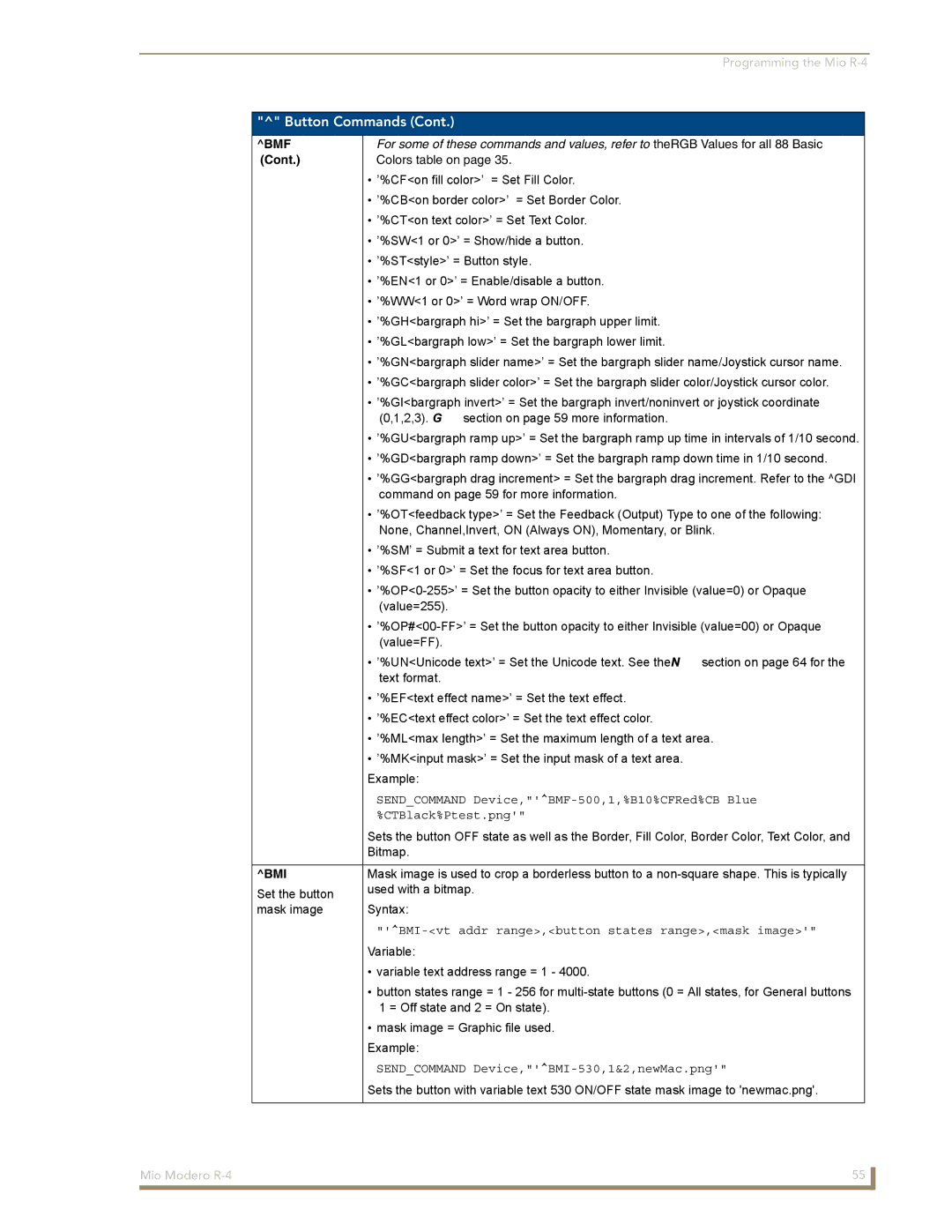 AMX Mio Modero R-4 manual Sendcommand Device,BMF-500,1,%B10%CFRed%CB Blue, CTBlack%Ptest.png, Bmi 