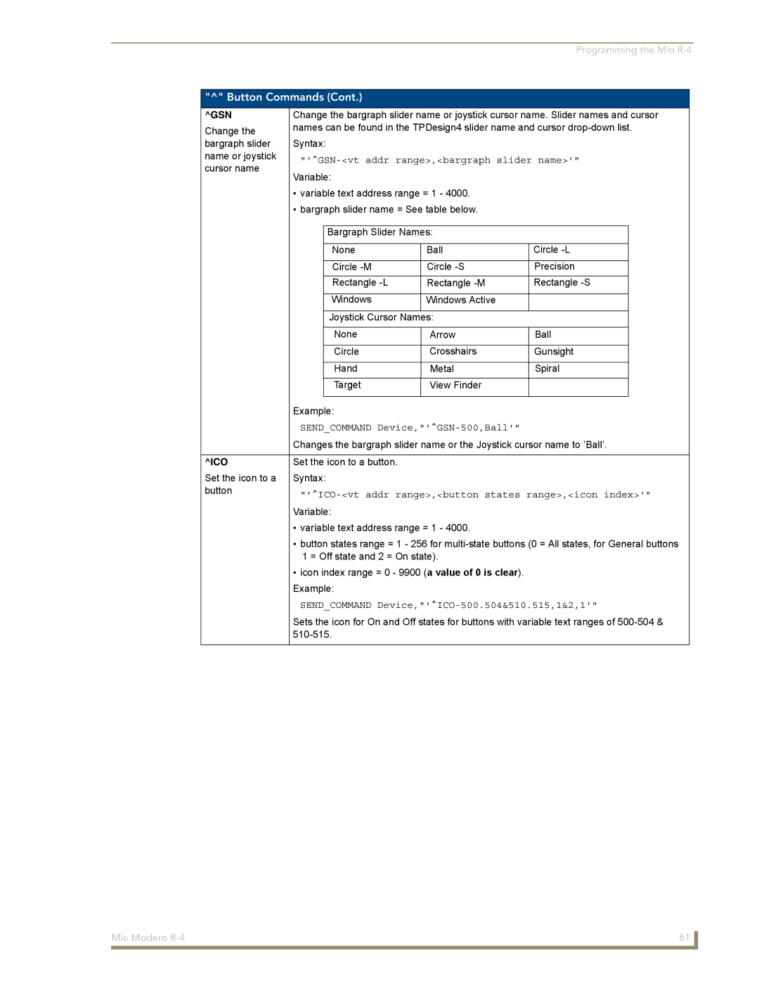 AMX Mio Modero R-4 Gsn, GSN-vt addr range,bargraph slider name, Ico, ICO-vt addr range,button states range,icon index 