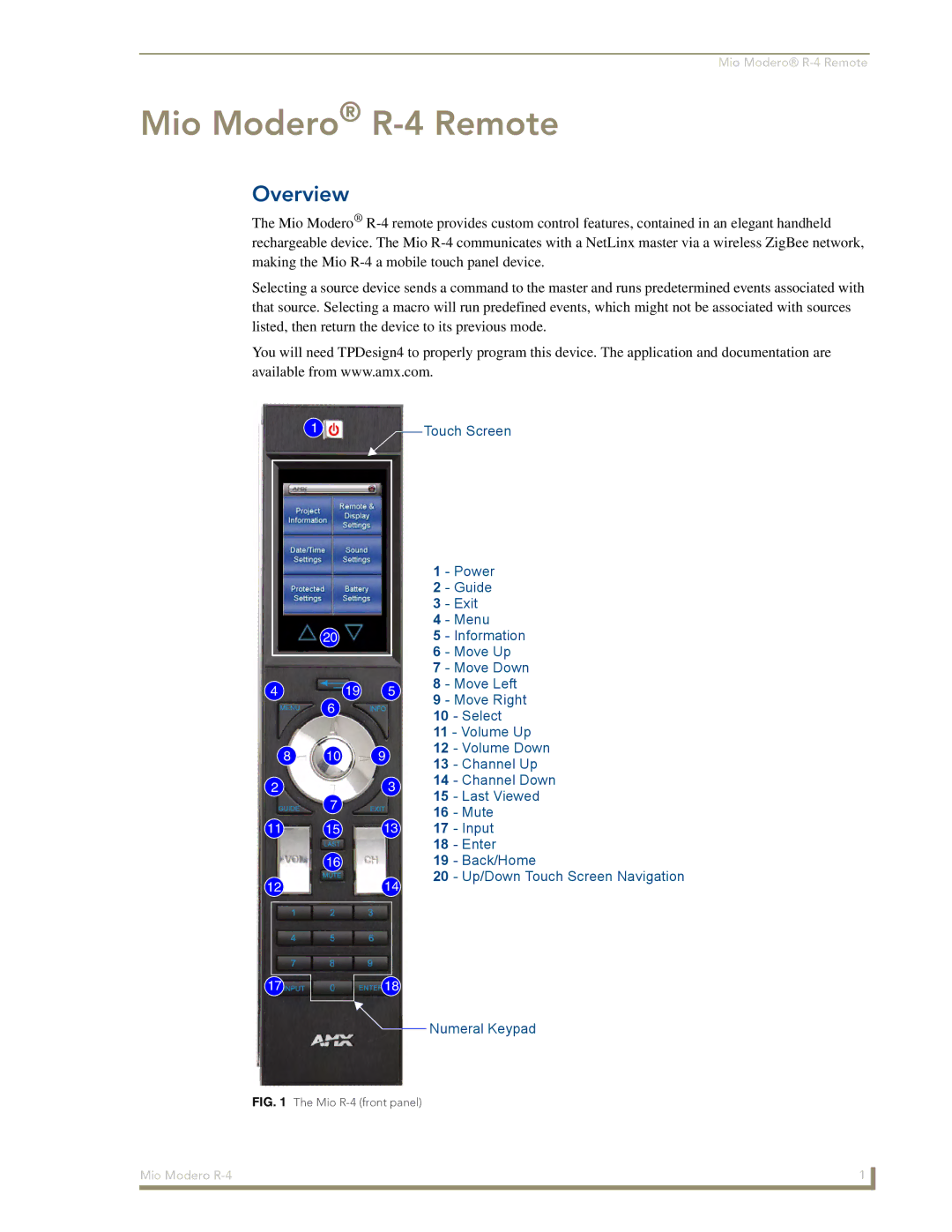 AMX manual Mio Modero R-4 Remote, Overview 