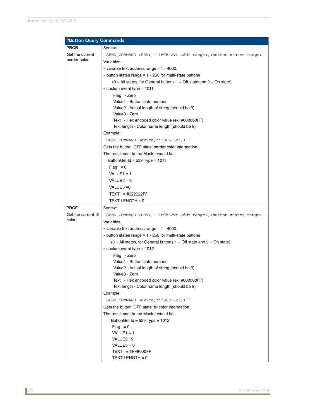 AMX Mio Modero R-4 ?Button Query Commands, ?Bcb, Send Command Device,?BCB-529,1, ?Bcf, Send Command Device,?BCF-529,1 