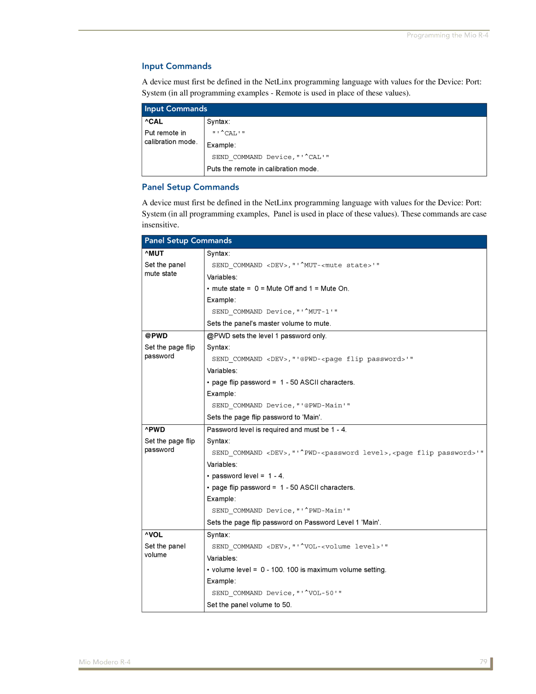 AMX Mio Modero R-4 manual Input Commands, Panel Setup Commands 
