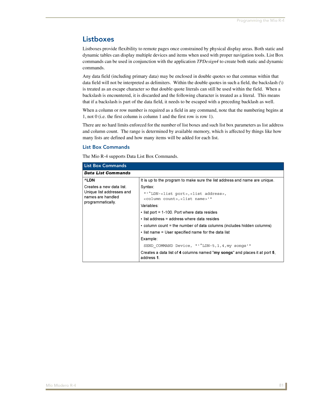 AMX Mio Modero R-4 manual Listboxes, List Box Commands, Ldn, Sendcommand Device, LDN-5,1,4,my songs 