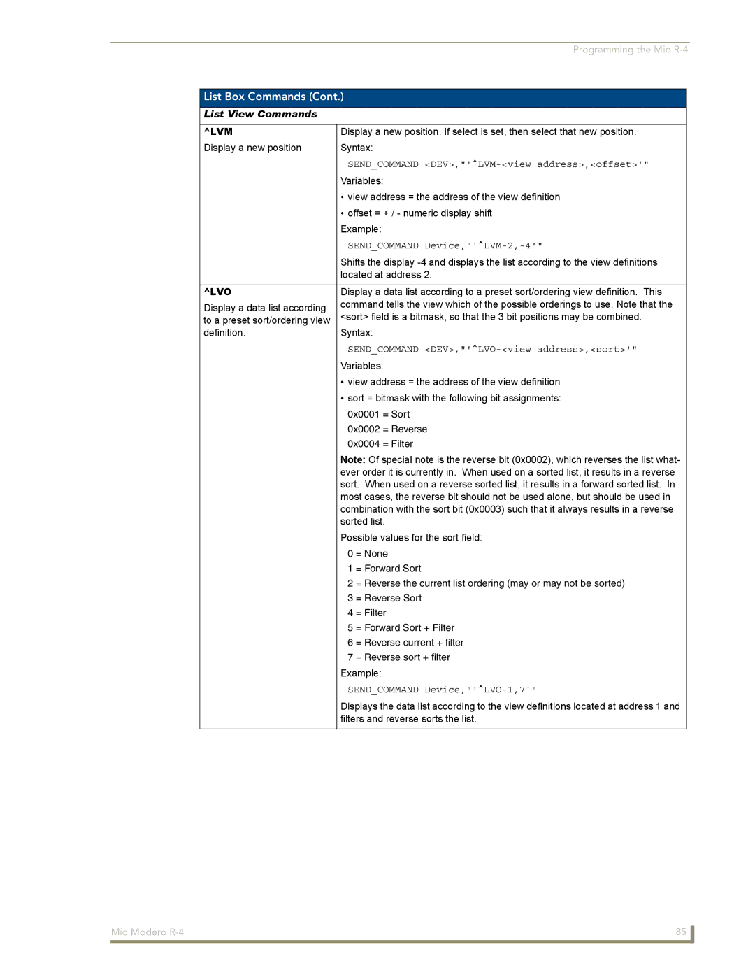 AMX Mio Modero R-4 manual Sendcommand DEV,LVM-view address,offset, Sendcommand Device,LVM-2,-4, Sendcommand Device,LVO-1,7 