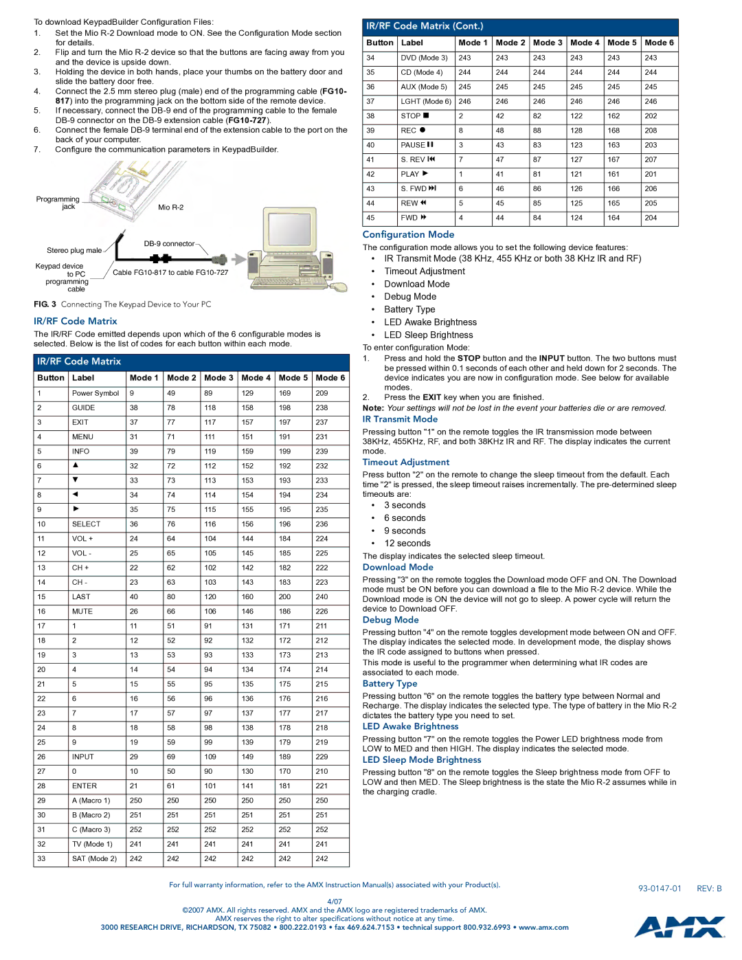 AMX Mio R-2 quick start IR/RF Code Matrix, Configuration Mode 