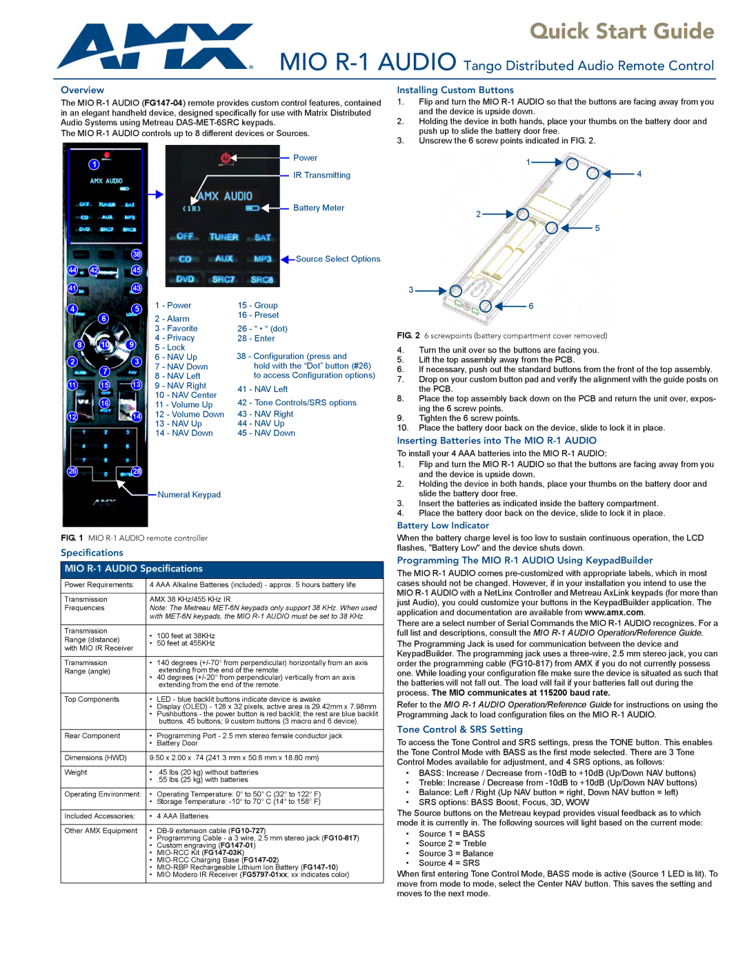 AMX MIO-R1-AUDIO quick start Overview, Specifications, Installing Custom Buttons, Tone Control & SRS Setting 