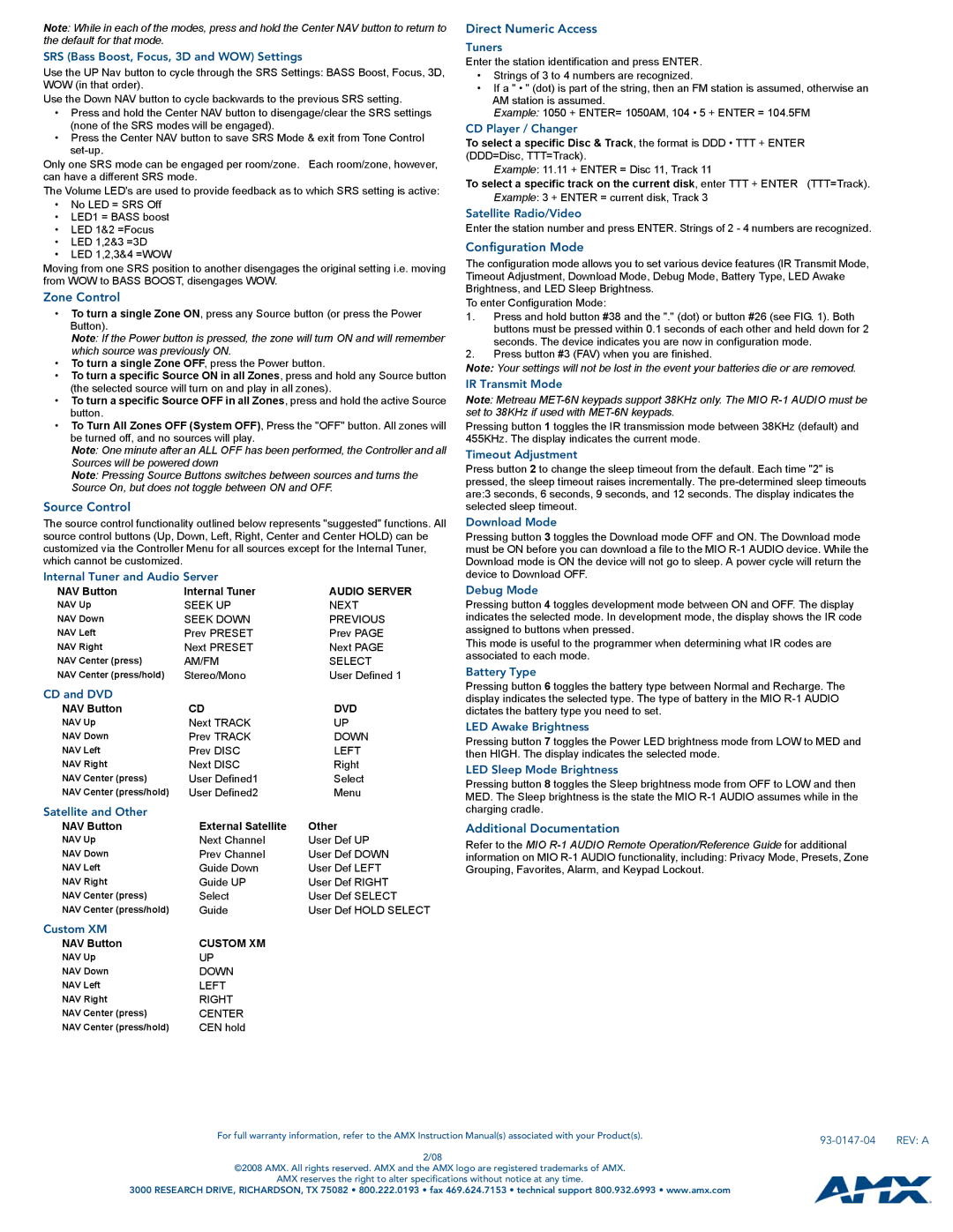 AMX MIO-R1-AUDIO Zone Control, Source Control, Direct Numeric Access, Configuration Mode, Additional Documentation 