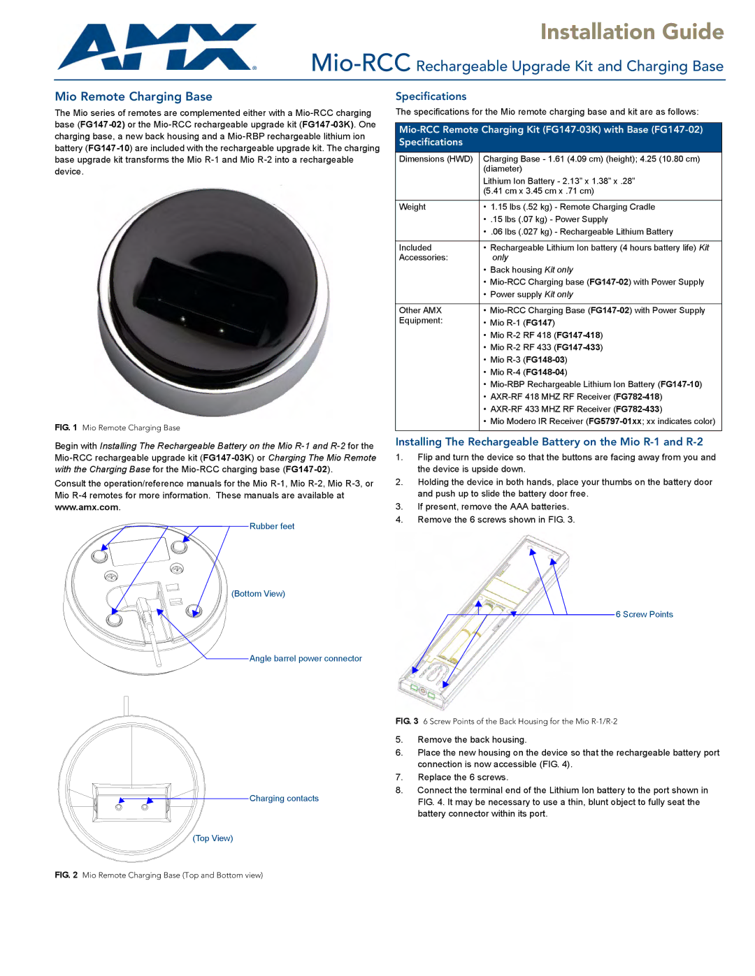 AMX Mio-RCC specifications Specifications, Installing The Rechargeable Battery on the Mio R-1 and R-2 