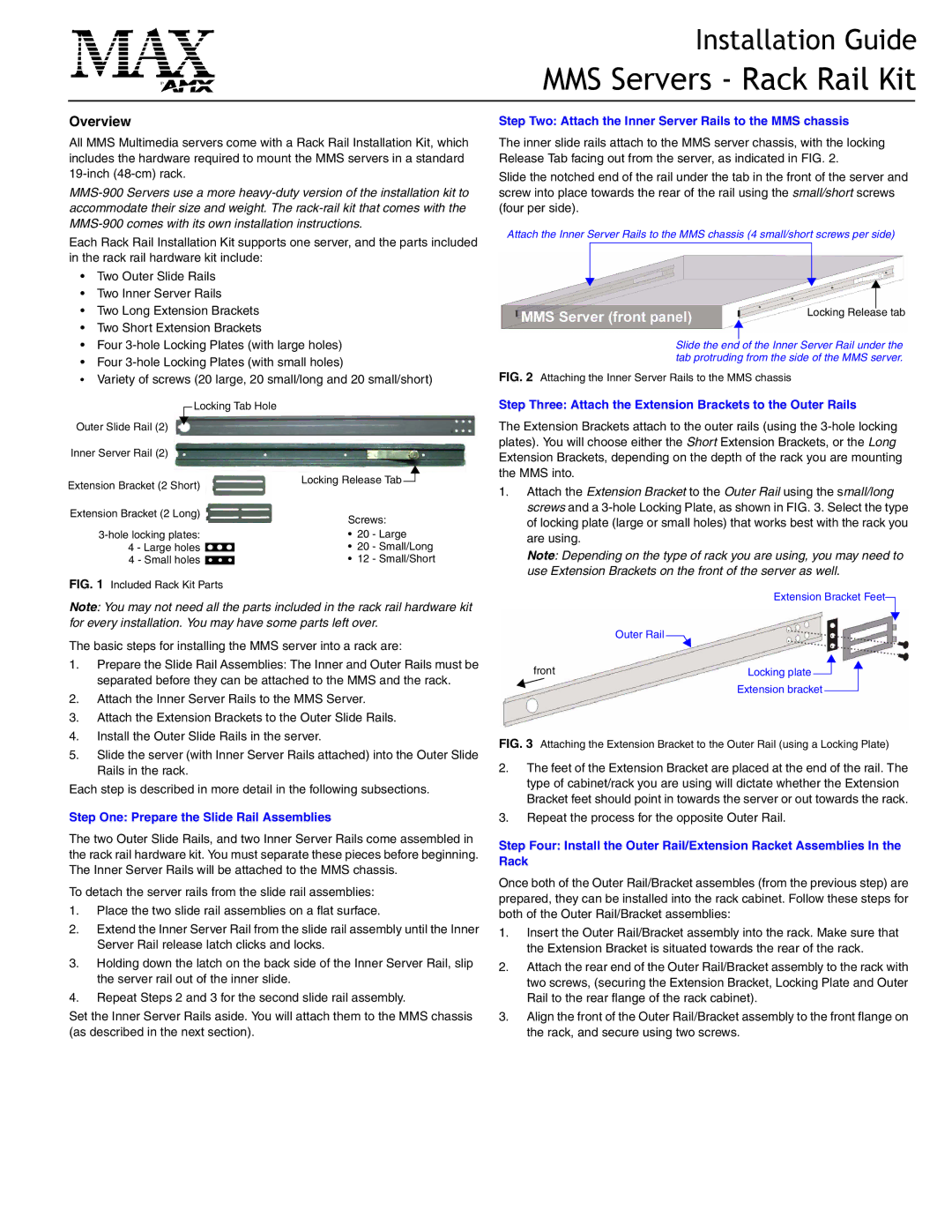 AMX installation instructions MMS Servers Rack Rail Kit, Overview, Step One Prepare the Slide Rail Assemblies 