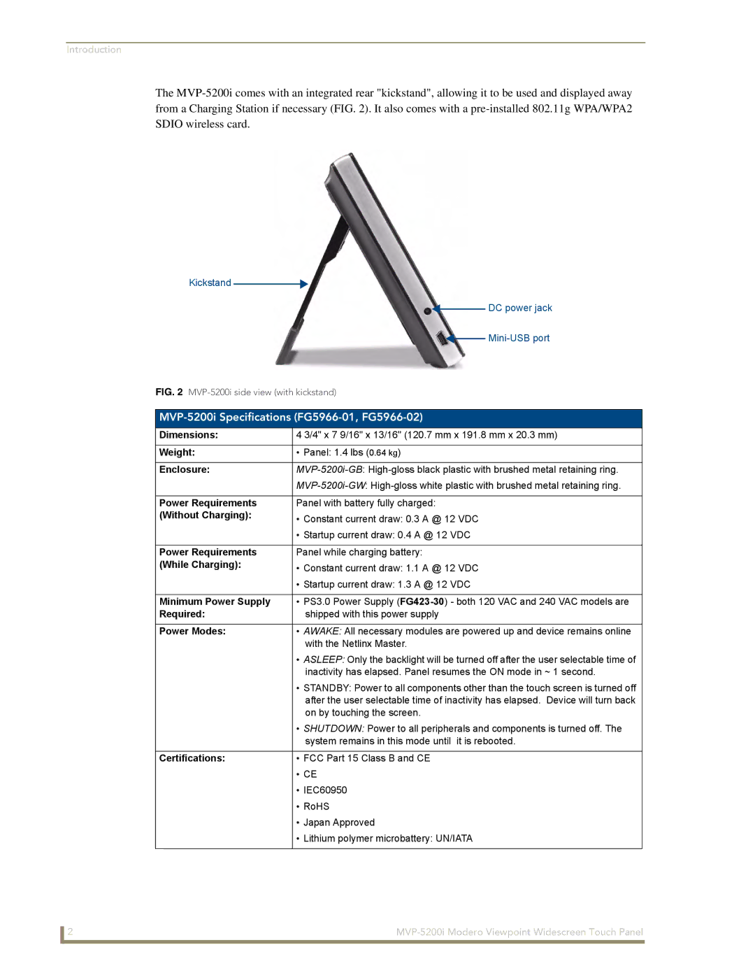 AMX manual MVP-5200i Specifications FG5966-01, FG5966-02 