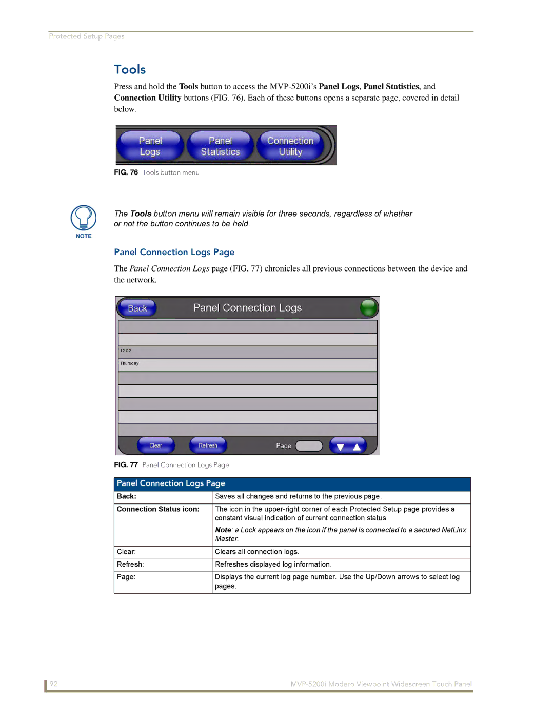 AMX MVP-5200i manual Tools, Panel Connection Logs 