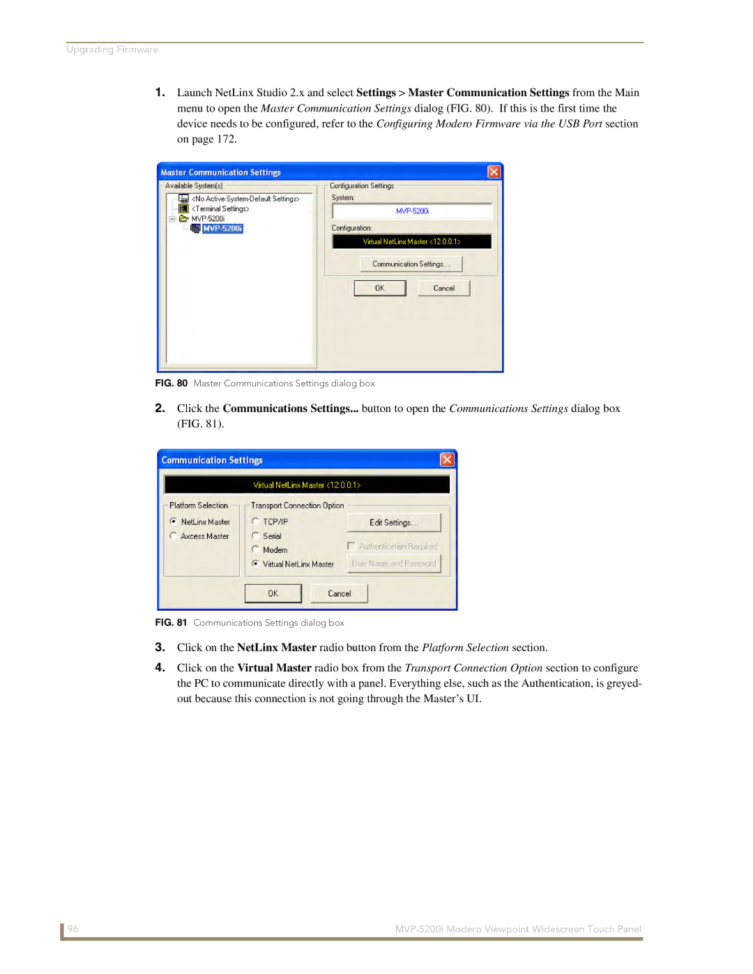 AMX MVP-5200i manual Master Communications Settings dialog box 