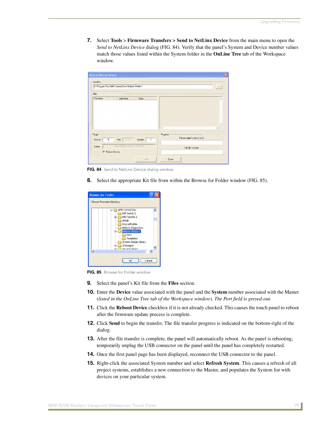 AMX MVP-5200i manual Send to NetLinx Device dialog window 