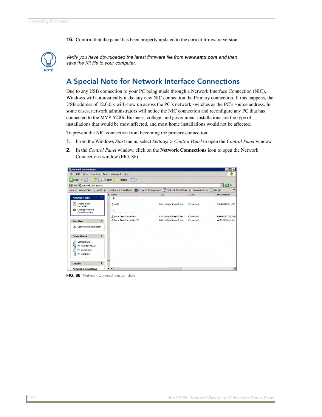 AMX MVP-5200i manual Special Note for Network Interface Connections, Network Connections window 