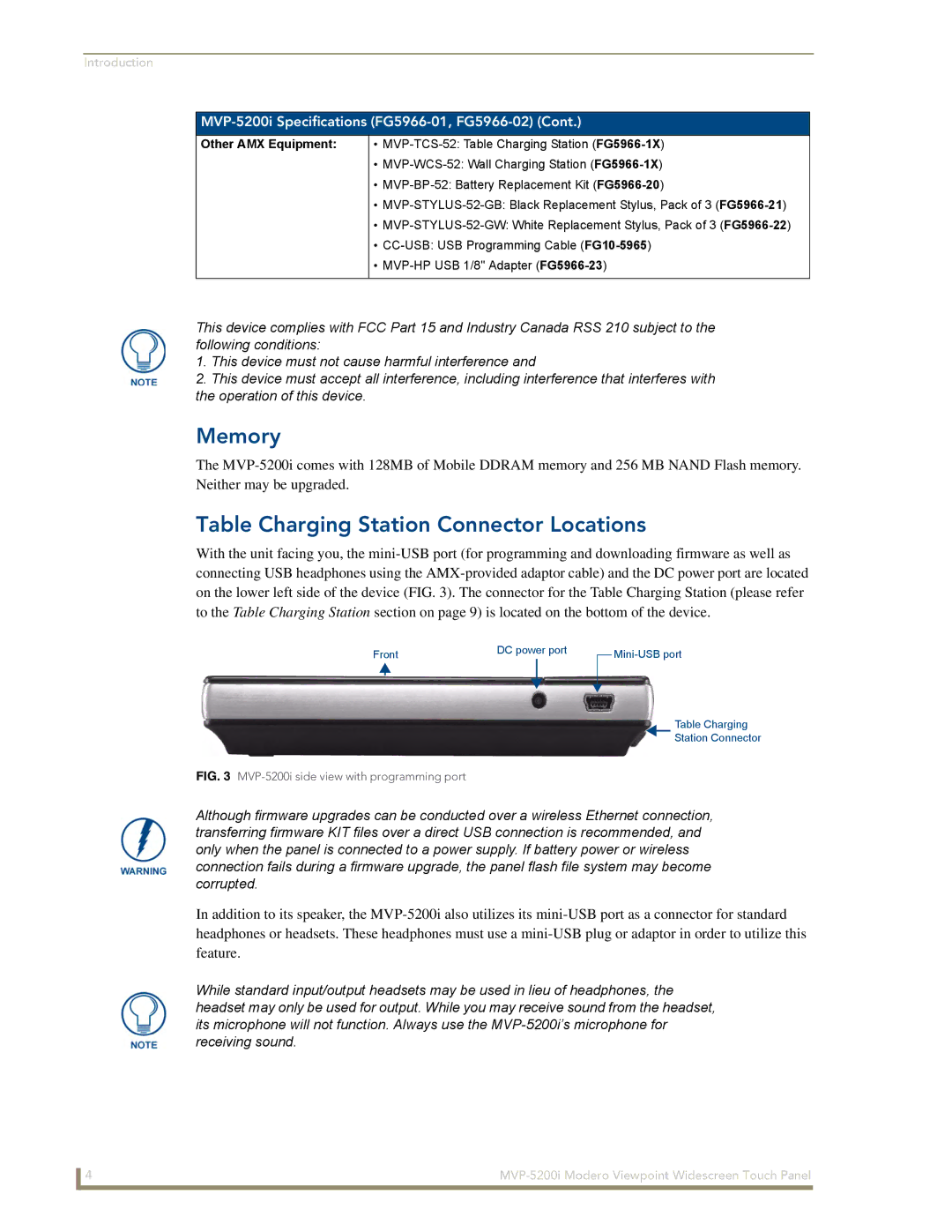 AMX MVP-5200i manual Memory, Table Charging Station Connector Locations, Other AMX Equipment 