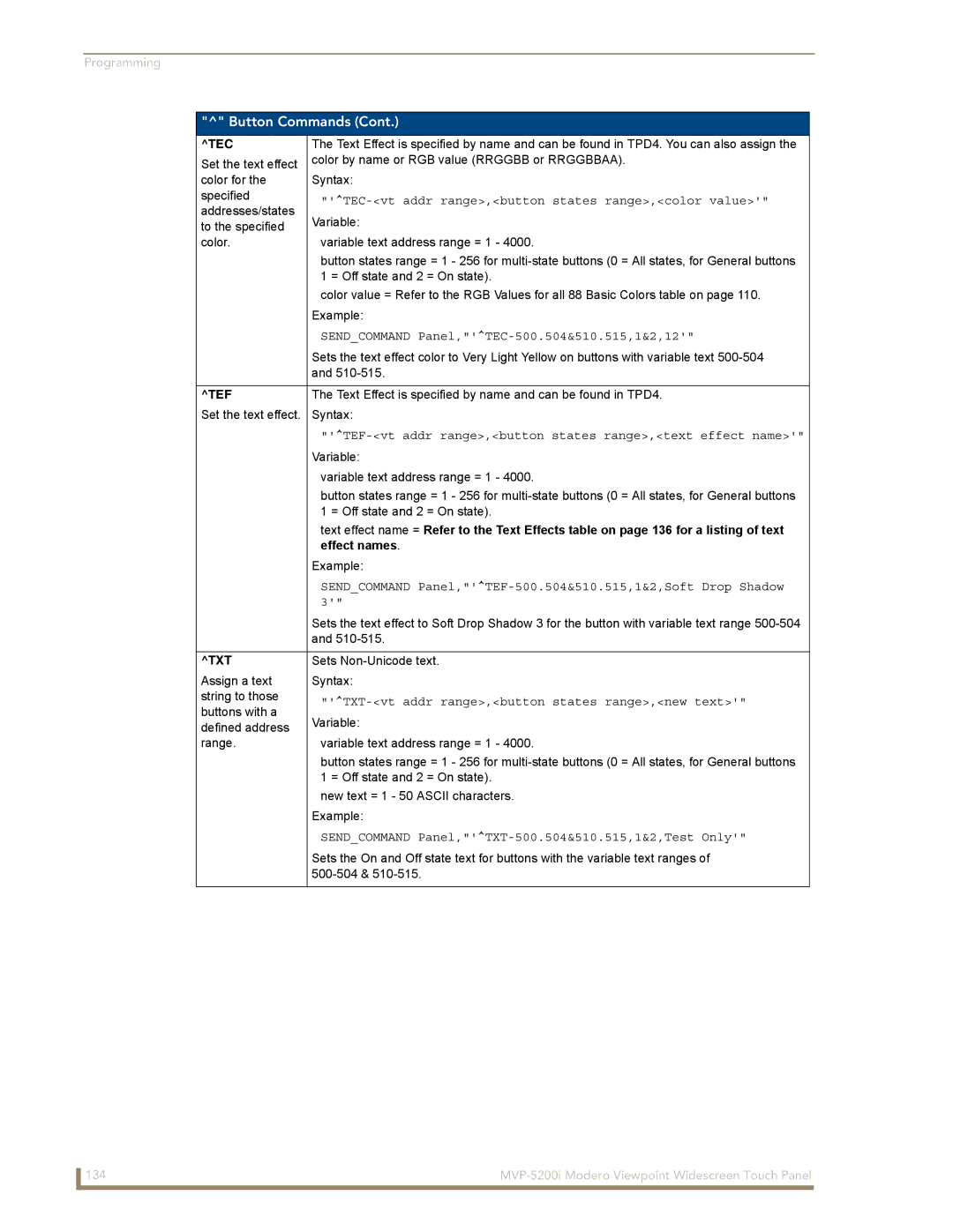 AMX MVP-5200i manual Tec, Tef, Effect names, Txt 