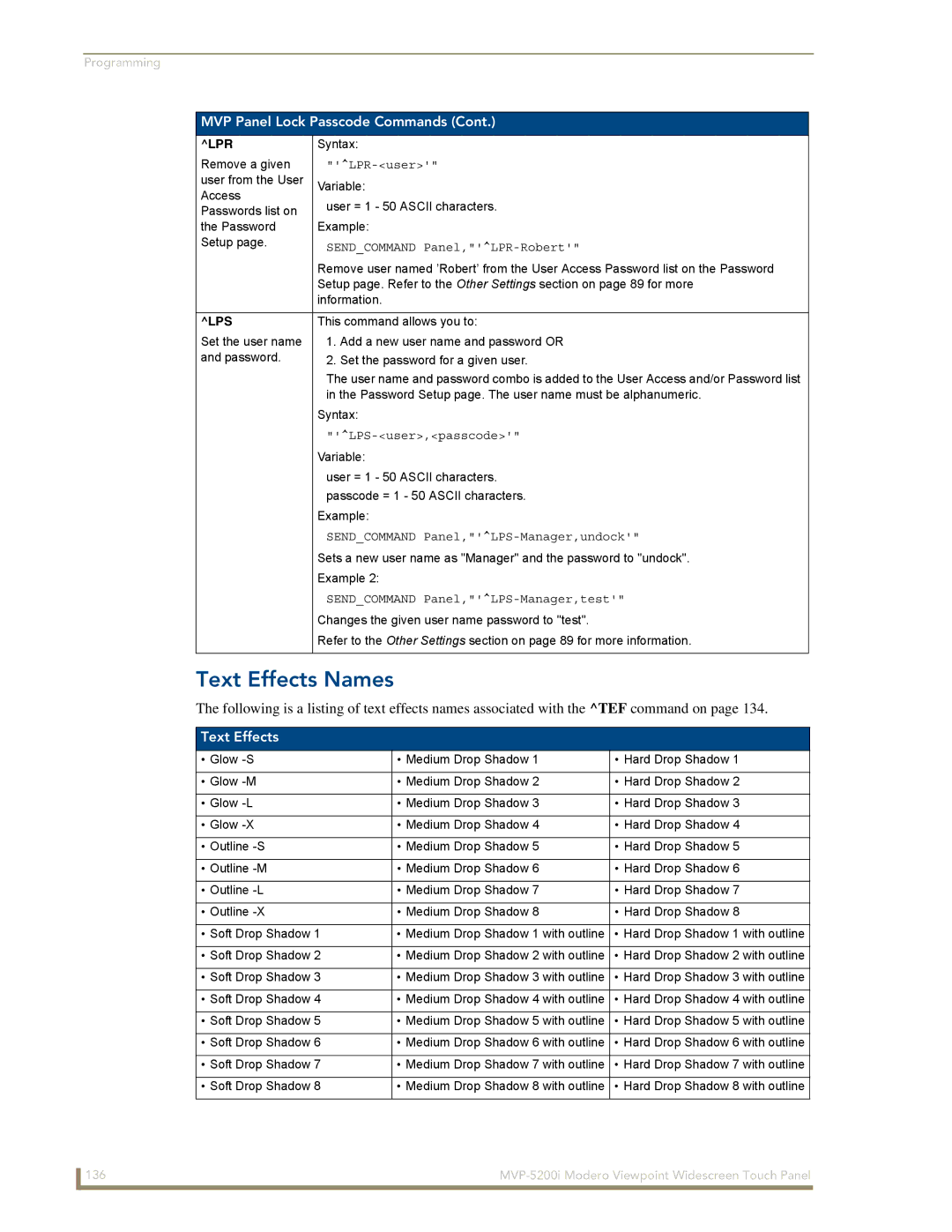 AMX MVP-5200i manual Text Effects Names, Lpr, Lps 