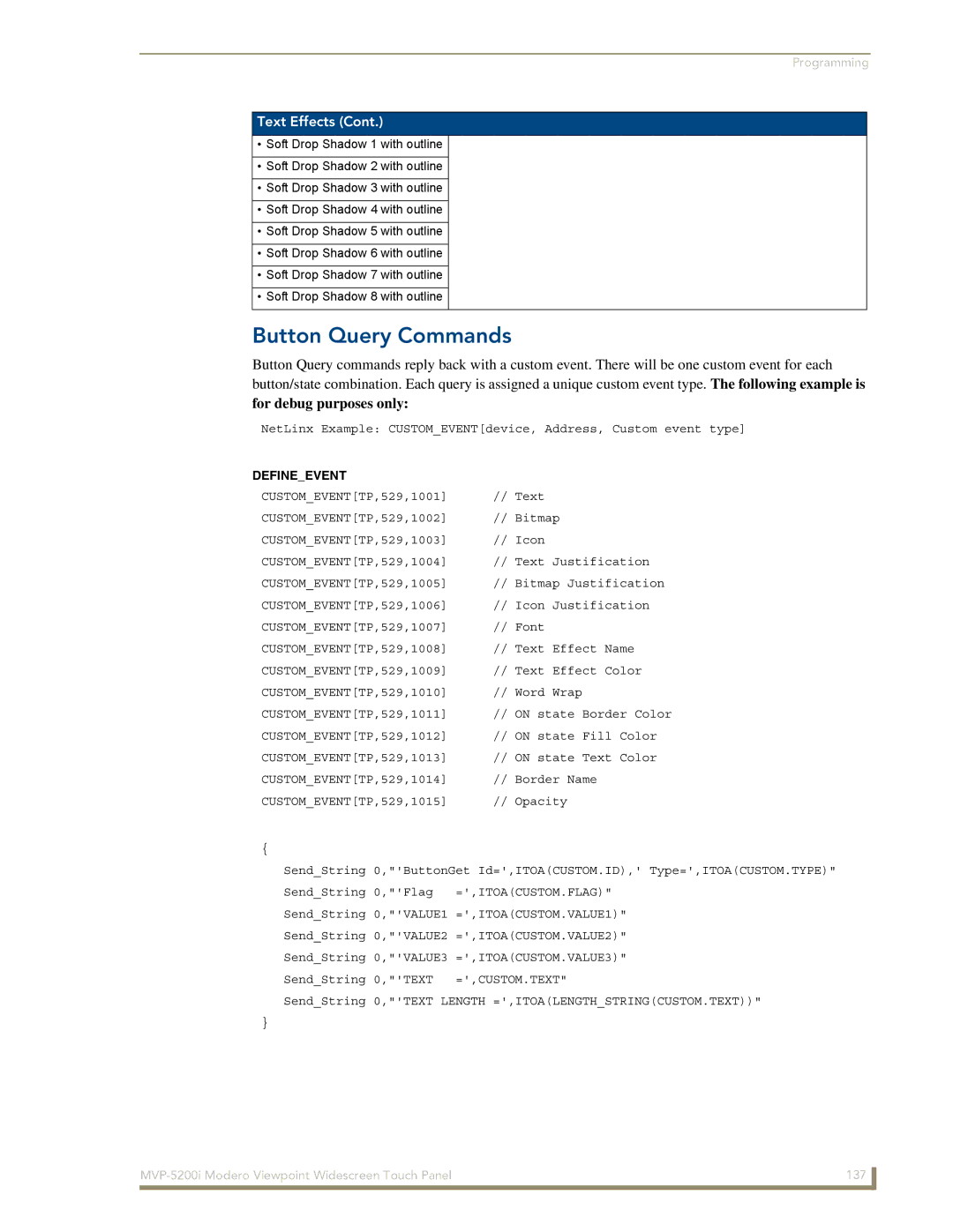 AMX MVP-5200i manual Button Query Commands, Defineevent 