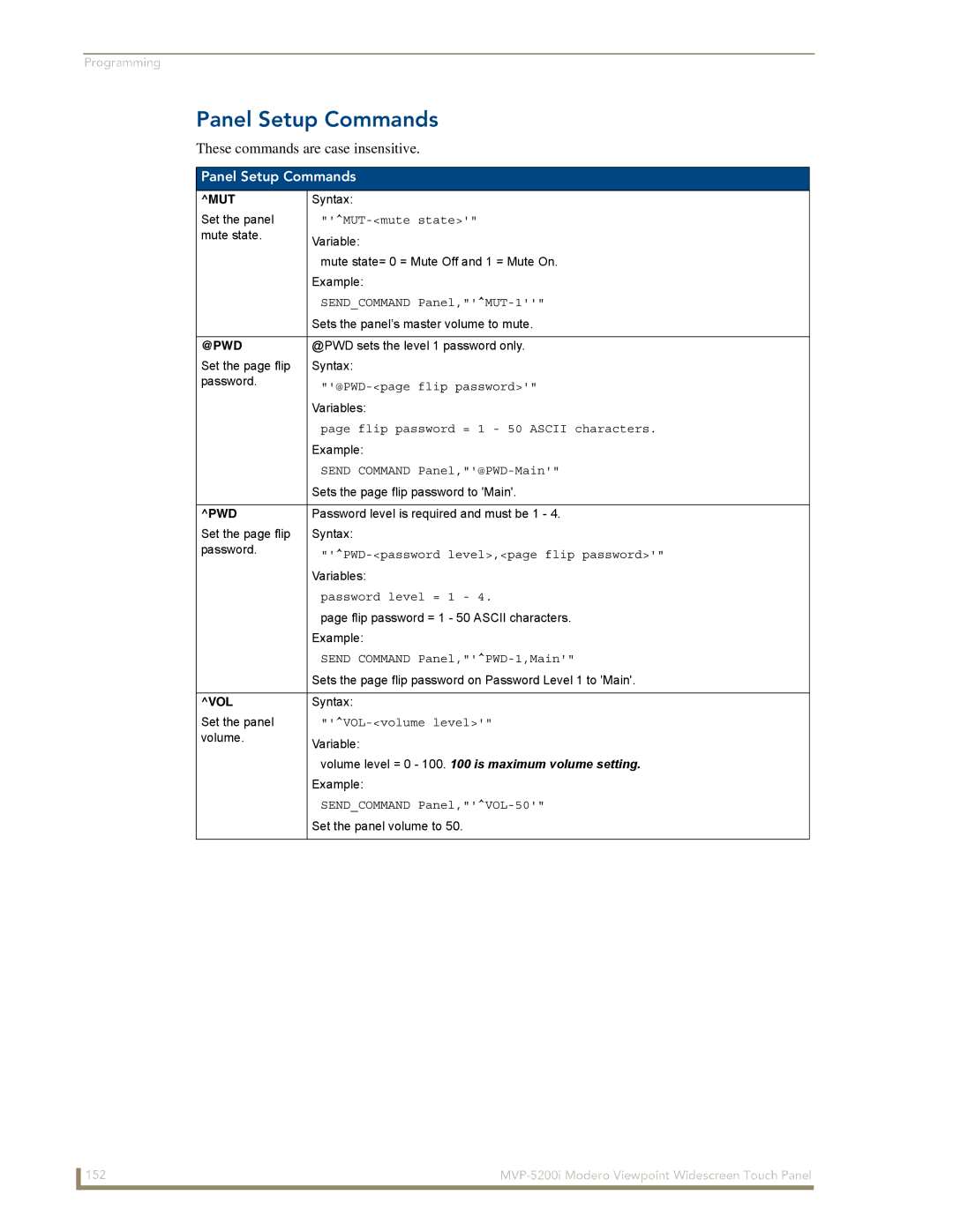 AMX MVP-5200i manual Panel Setup Commands, These commands are case insensitive 