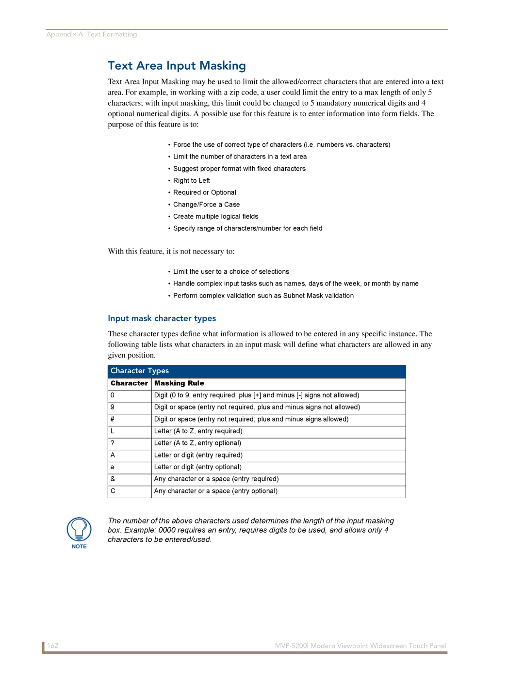 AMX MVP-5200i manual Text Area Input Masking, With this feature, it is not necessary to, Input mask character types 