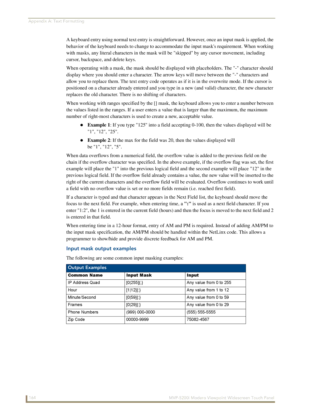 AMX MVP-5200i manual Input mask output examples, Following are some common input masking examples, Output Examples 