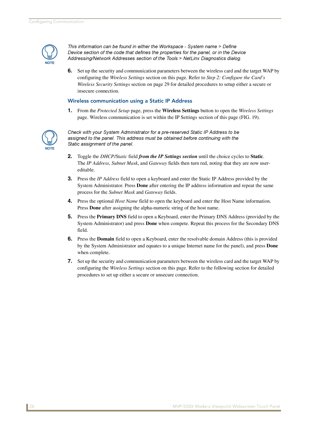 AMX MVP-5200i manual Wireless communication using a Static IP Address 