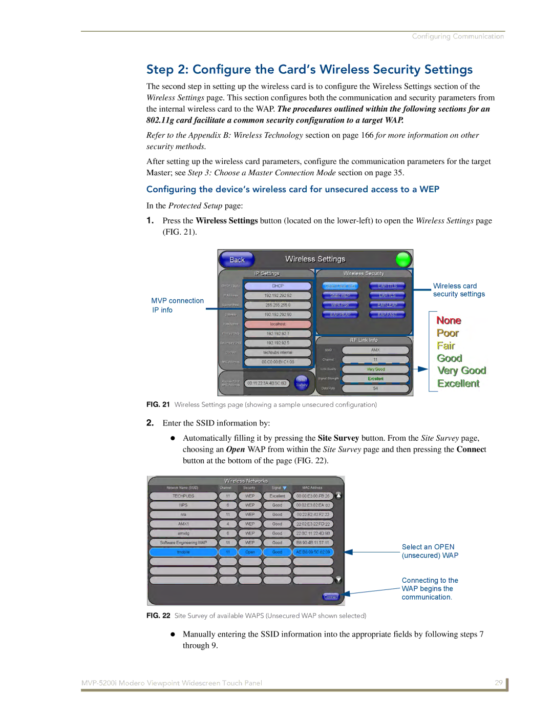 AMX MVP-5200i Configure the Card’s Wireless Security Settings, Site Survey of available Waps Unsecured WAP shown selected 