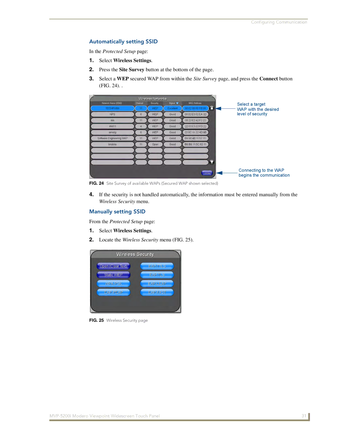 AMX MVP-5200i manual Automatically setting Ssid, Manually setting Ssid, Locate the Wireless Security menu FIG 