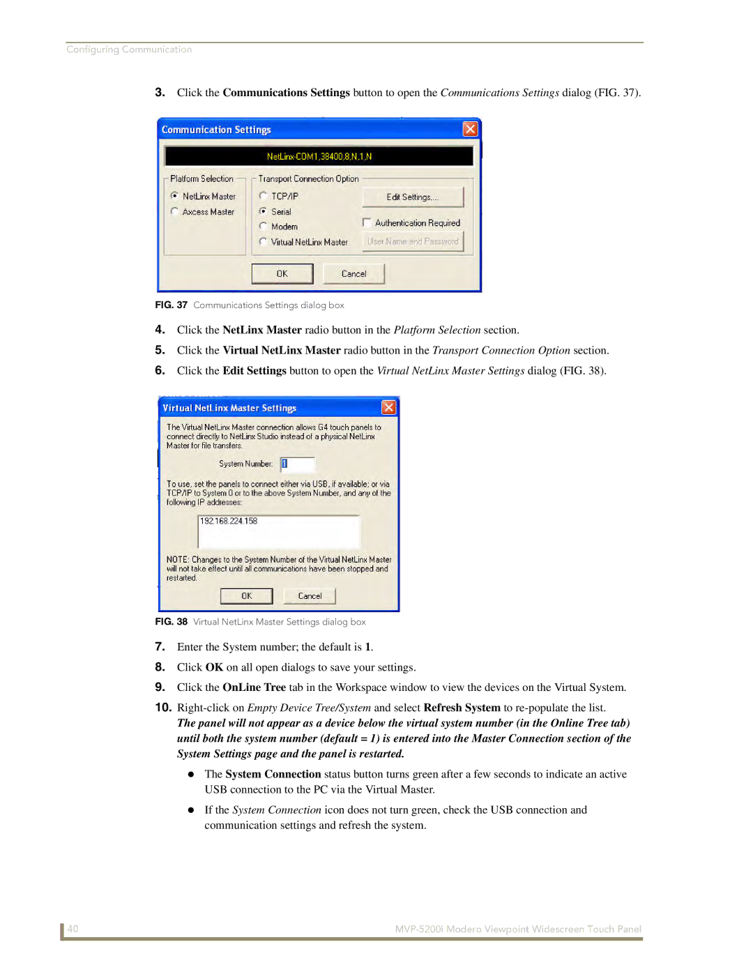 AMX MVP-5200i manual Communications Settings dialog box 