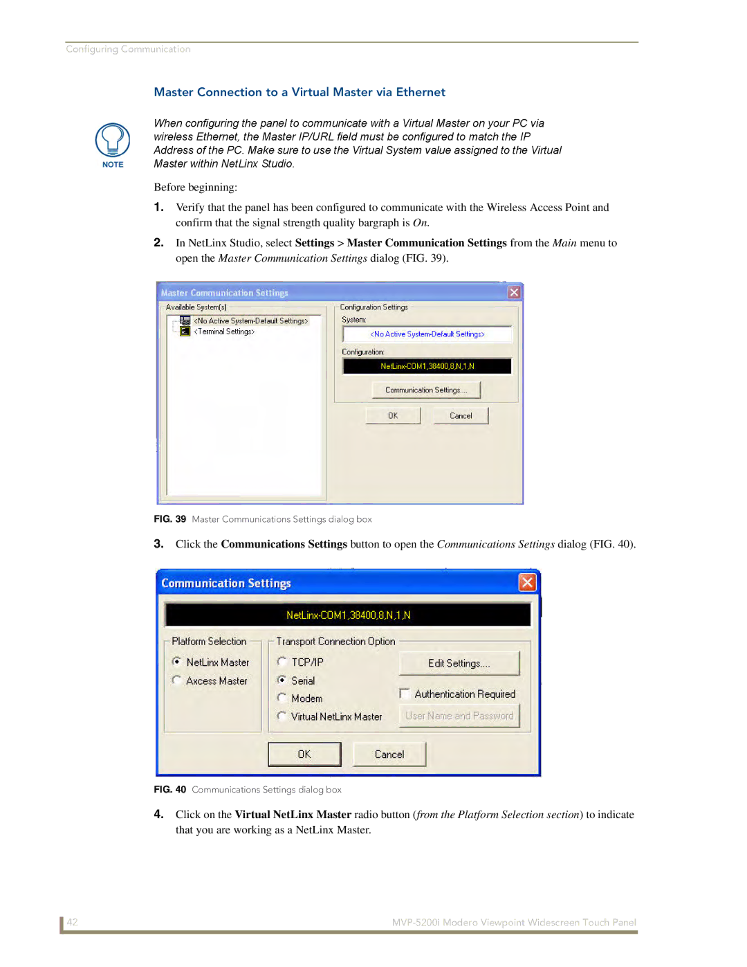 AMX MVP-5200i manual Master Connection to a Virtual Master via Ethernet, Master Communications Settings dialog box 